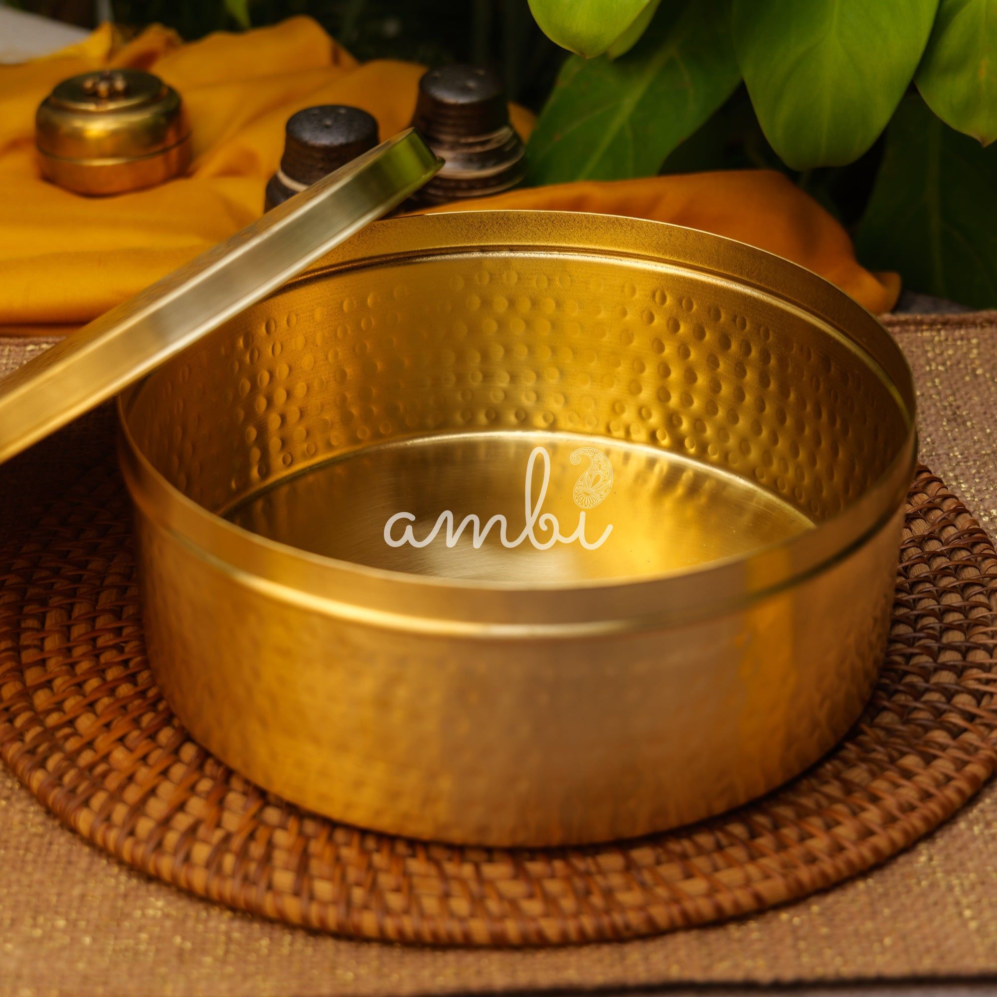 Ambi Pure Brass Elegant Hammered Round Storage Box / Roti Box / Tiffin Box - 8 Inche