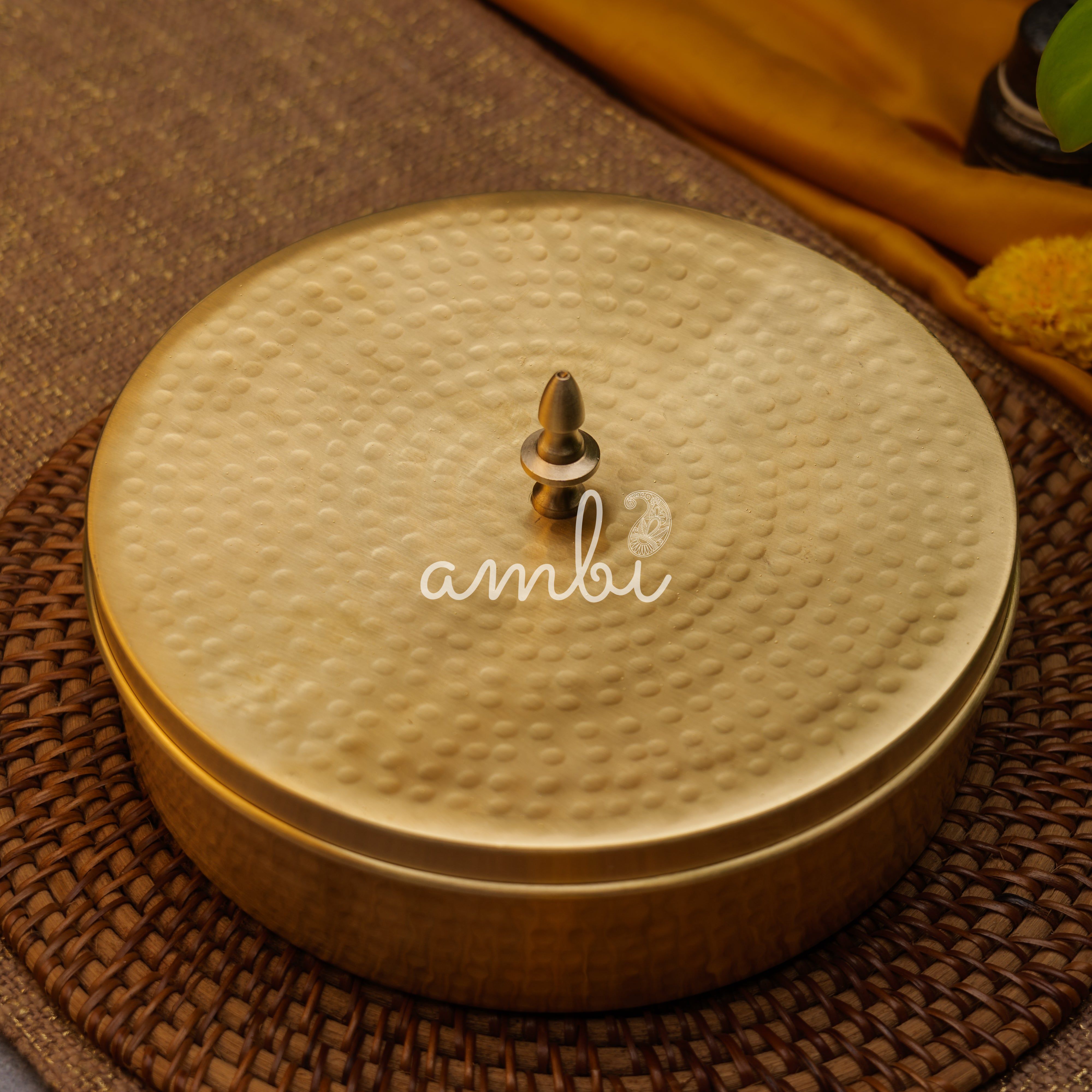 Ambi Classy Pure Brass Hammered Round Spice Box Masala Daani with 7 Spice Containers - 8 Inches