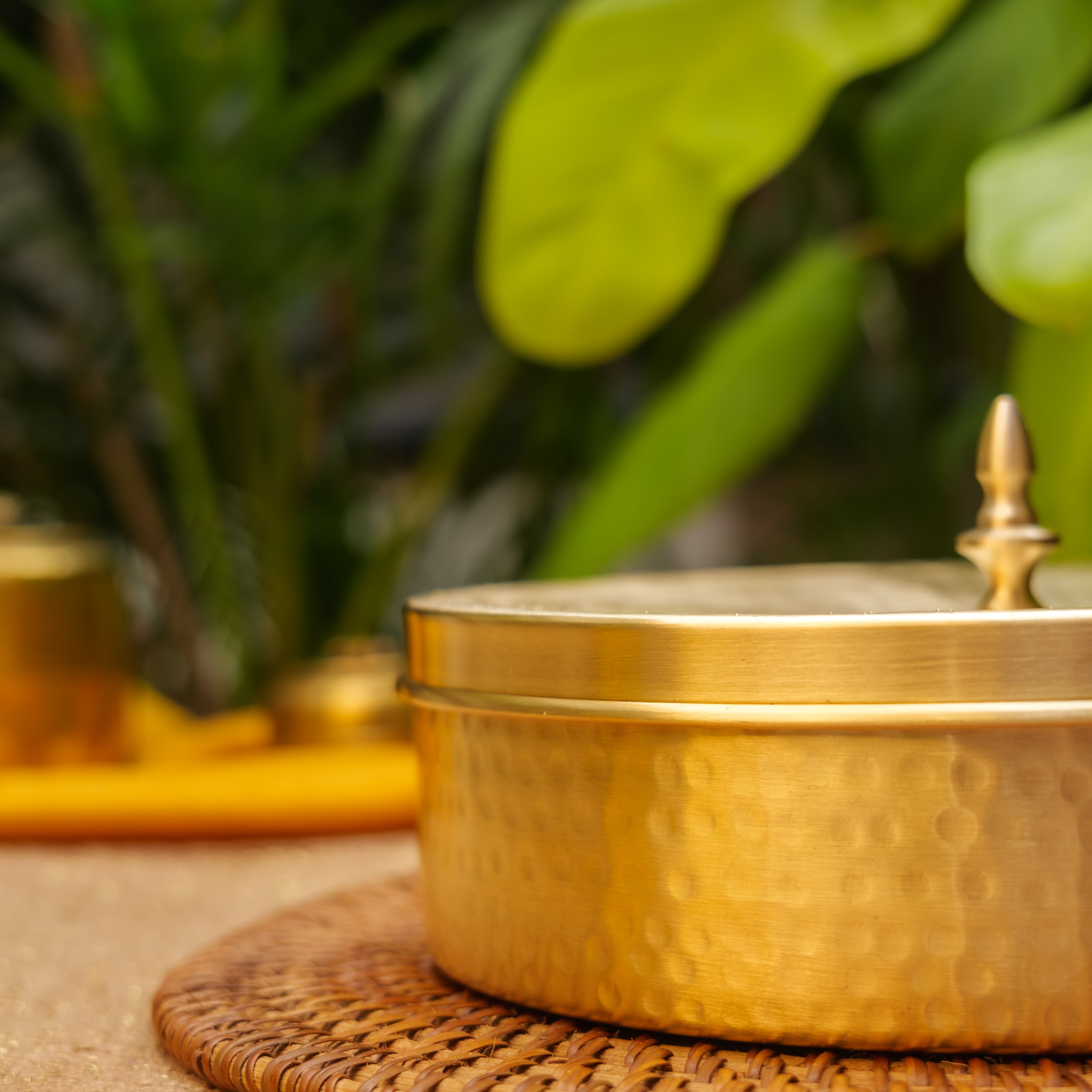 Ambi Classy Pure Brass Hammered Round Spice Box Masala Daani with 7 Spice Containers - 8 Inches