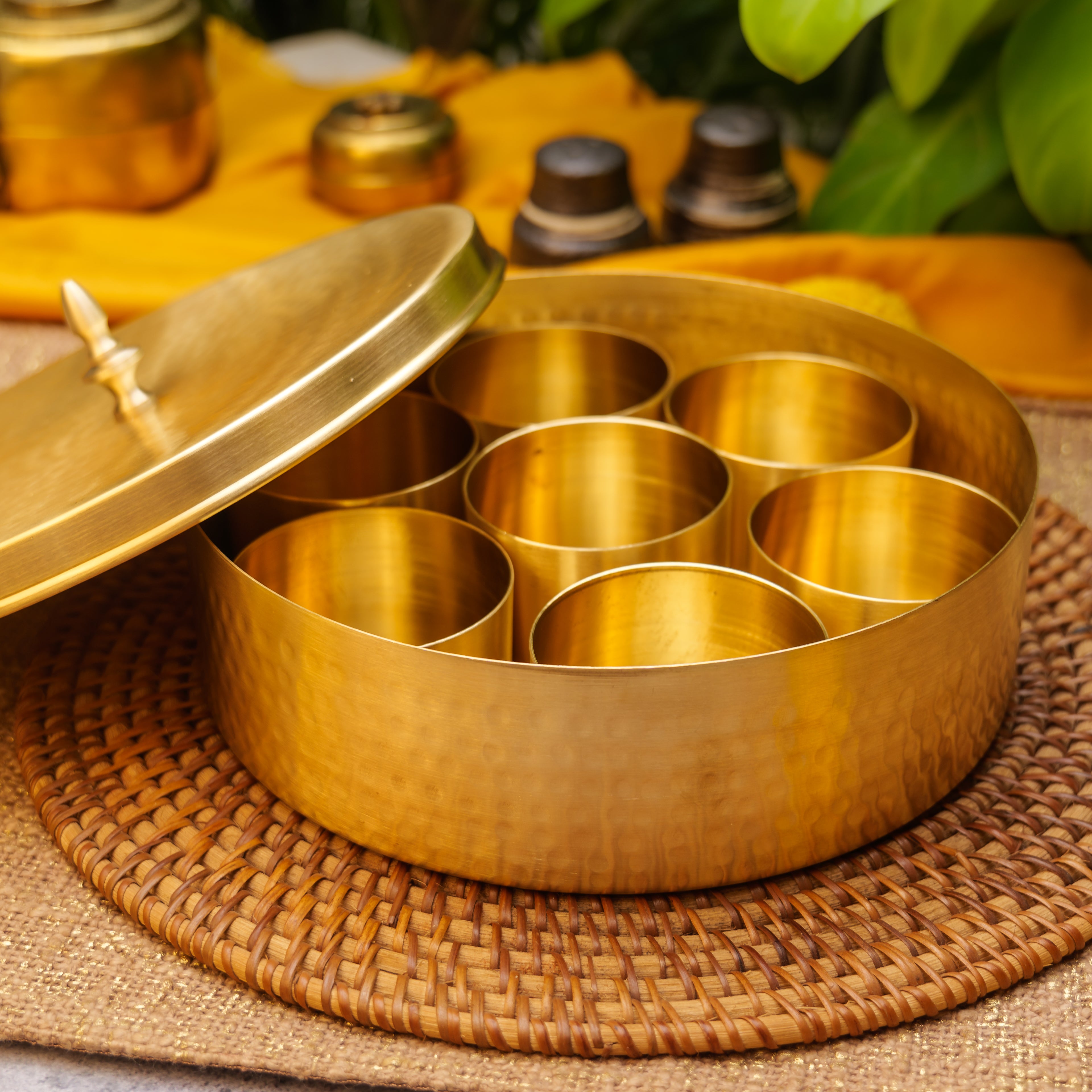 Ambi Classy Pure Brass Hammered Round Spice Box Masala Daani with 7 Spice Containers - 8 Inches