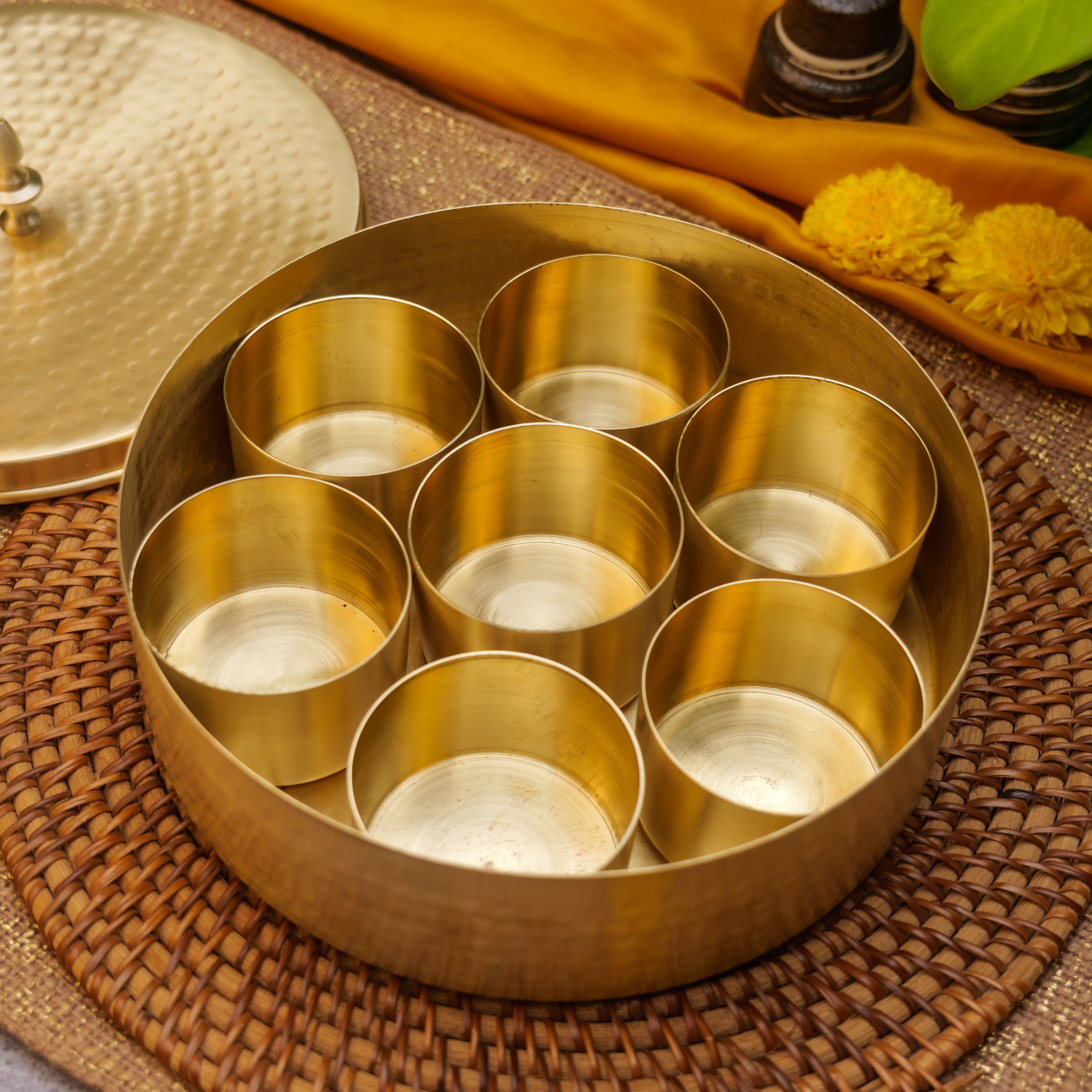 Ambi Classy Pure Brass Hammered Round Spice Box Masala Daani with 7 Spice Containers - 8 Inches