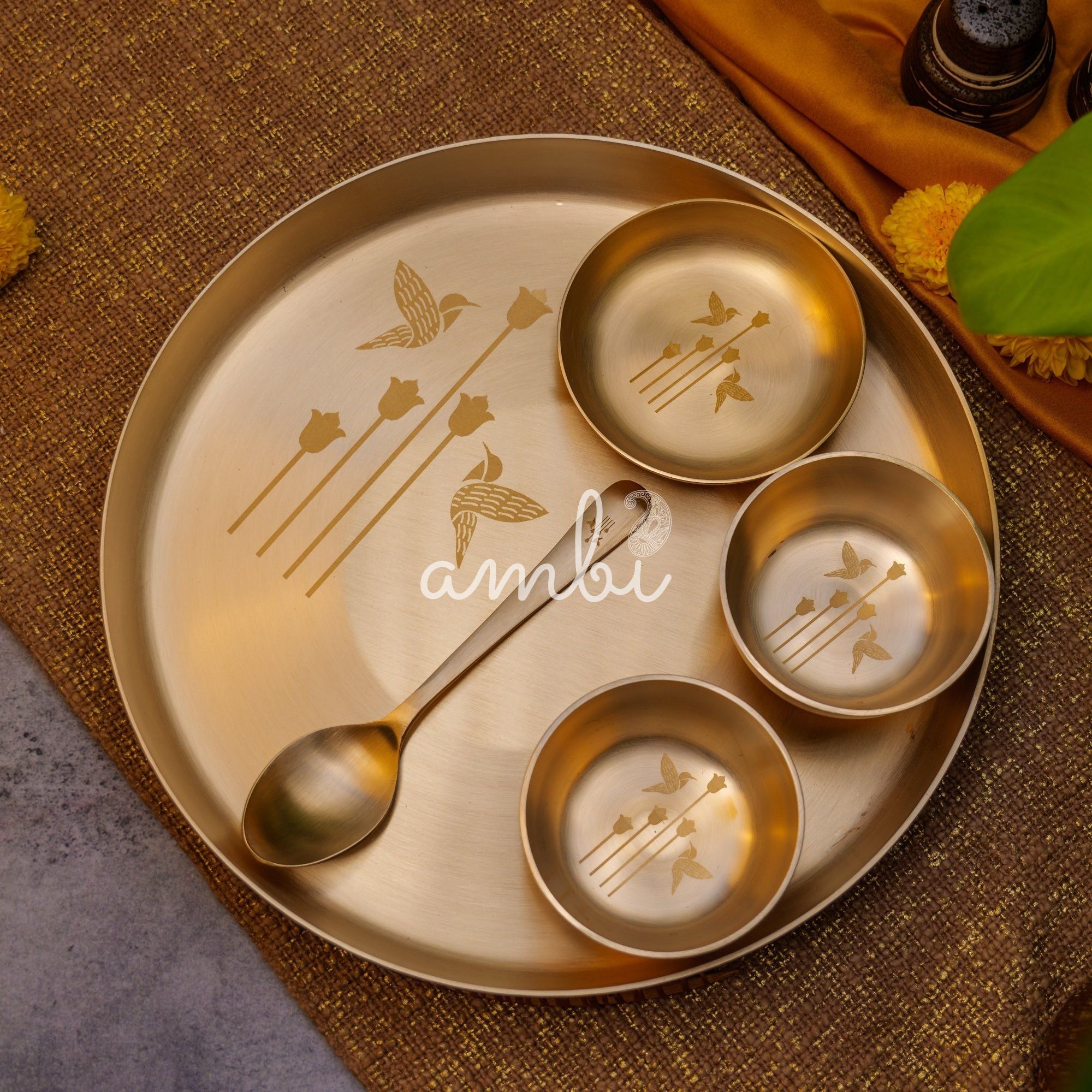 Ambi Pure 100% Lead Free Kansa Thali Set of 6 - with Laser Cut Design