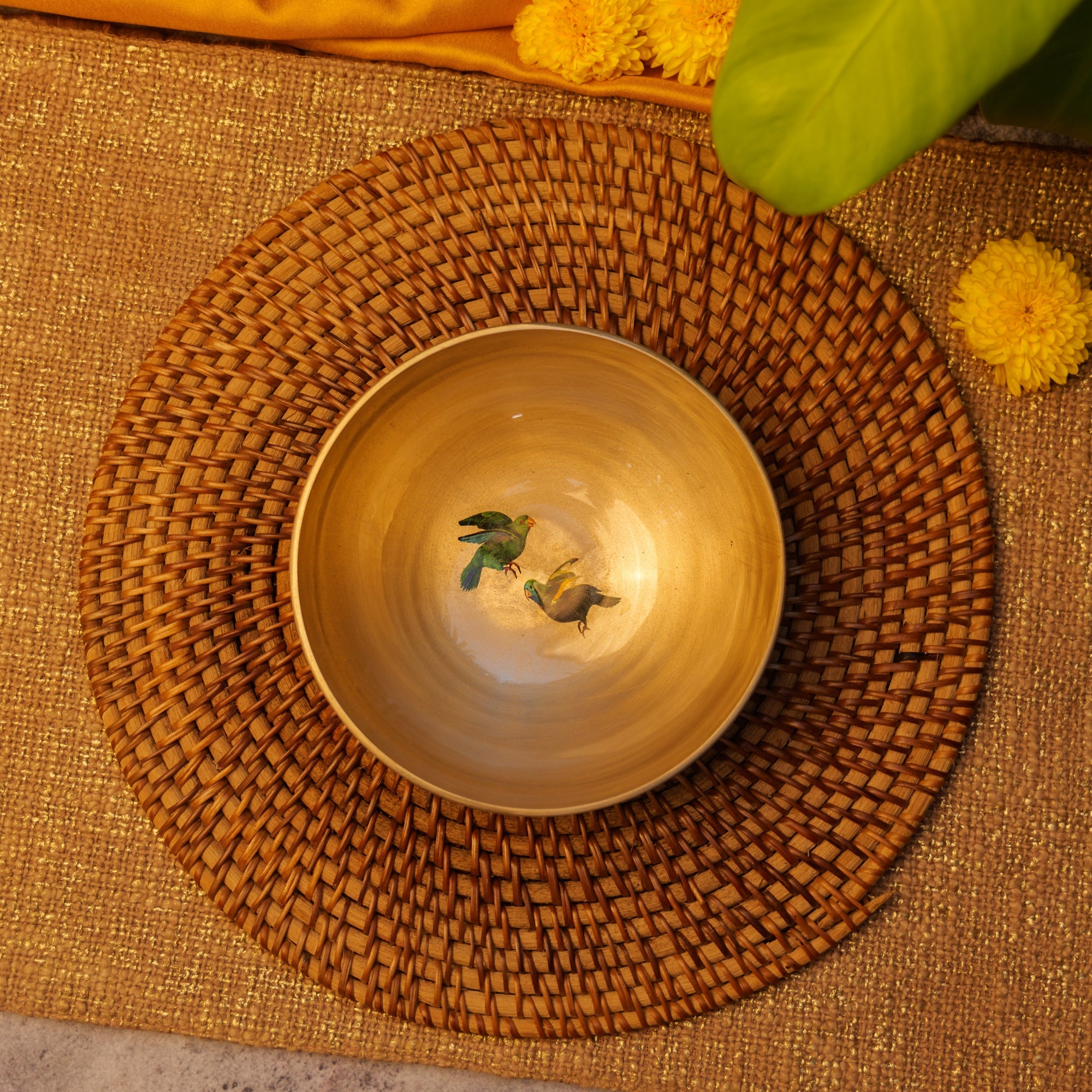 Ambi Pure 100% Lead Free Kansa Two Parrots Hand Painted Finish Large Serving Bowl - 6.5 Inches - 450 ML