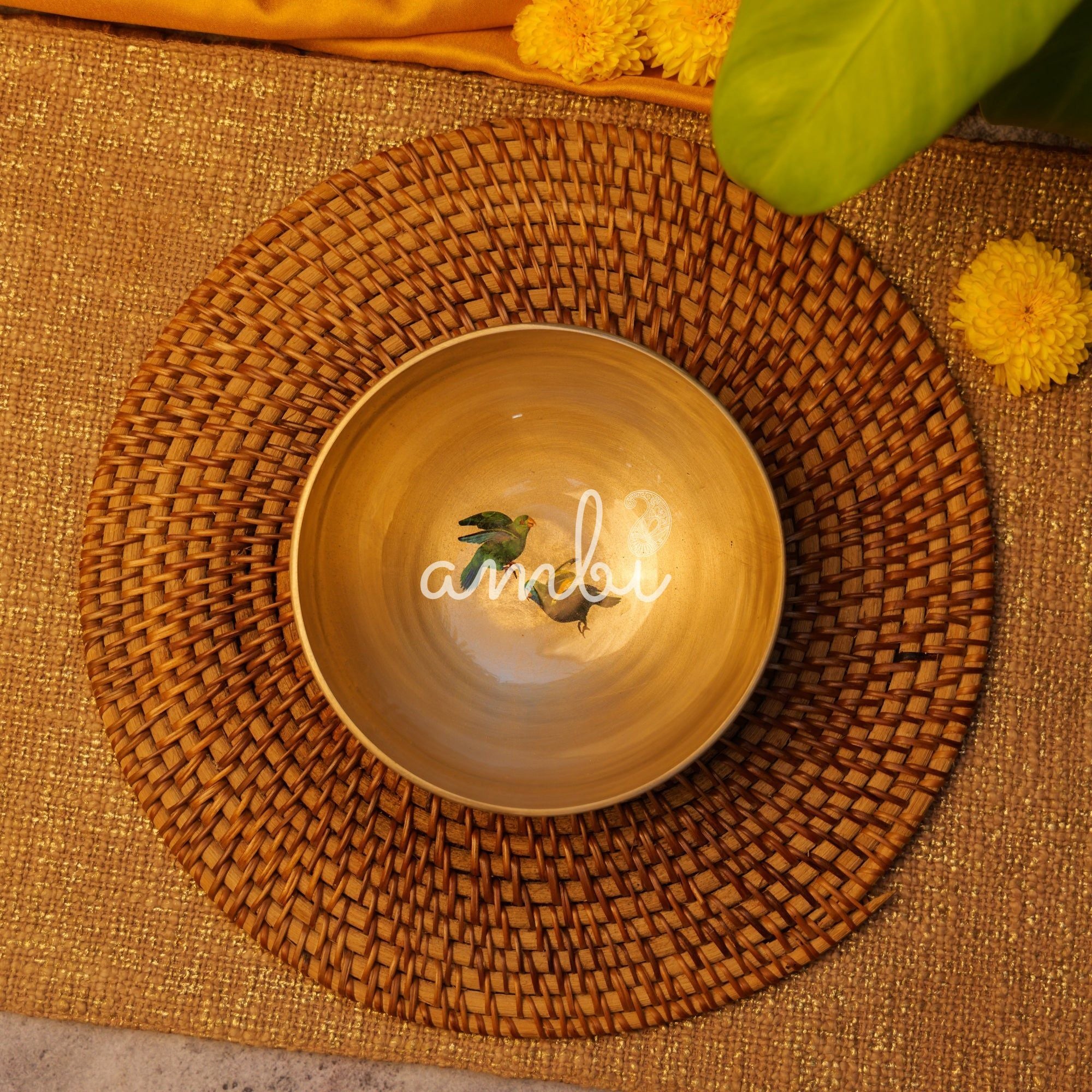 Ambi Pure 100% Lead Free Kansa Two Parrots Hand Painted Finish Large Serving Bowl - 6.5 Inches - 450 ML