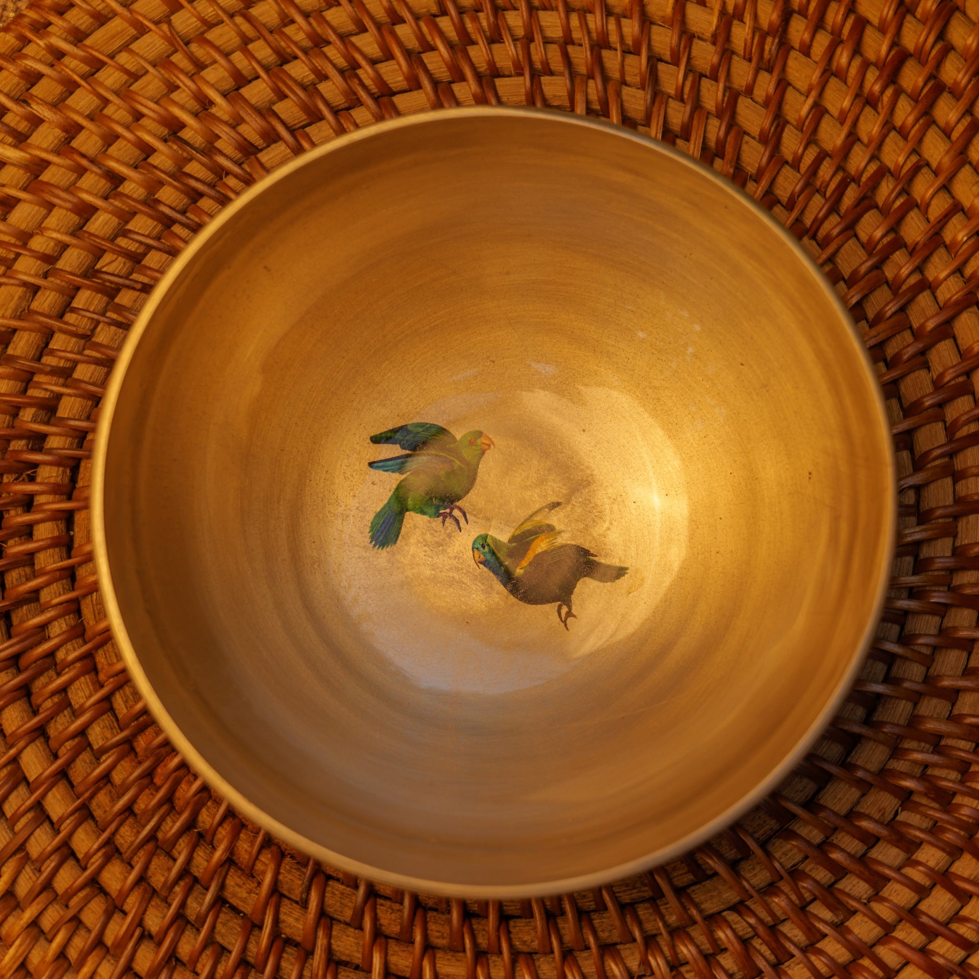 Ambi Pure 100% Lead Free Kansa Two Parrots Hand Painted Finish Large Serving Bowl - 6.5 Inches - 450 ML