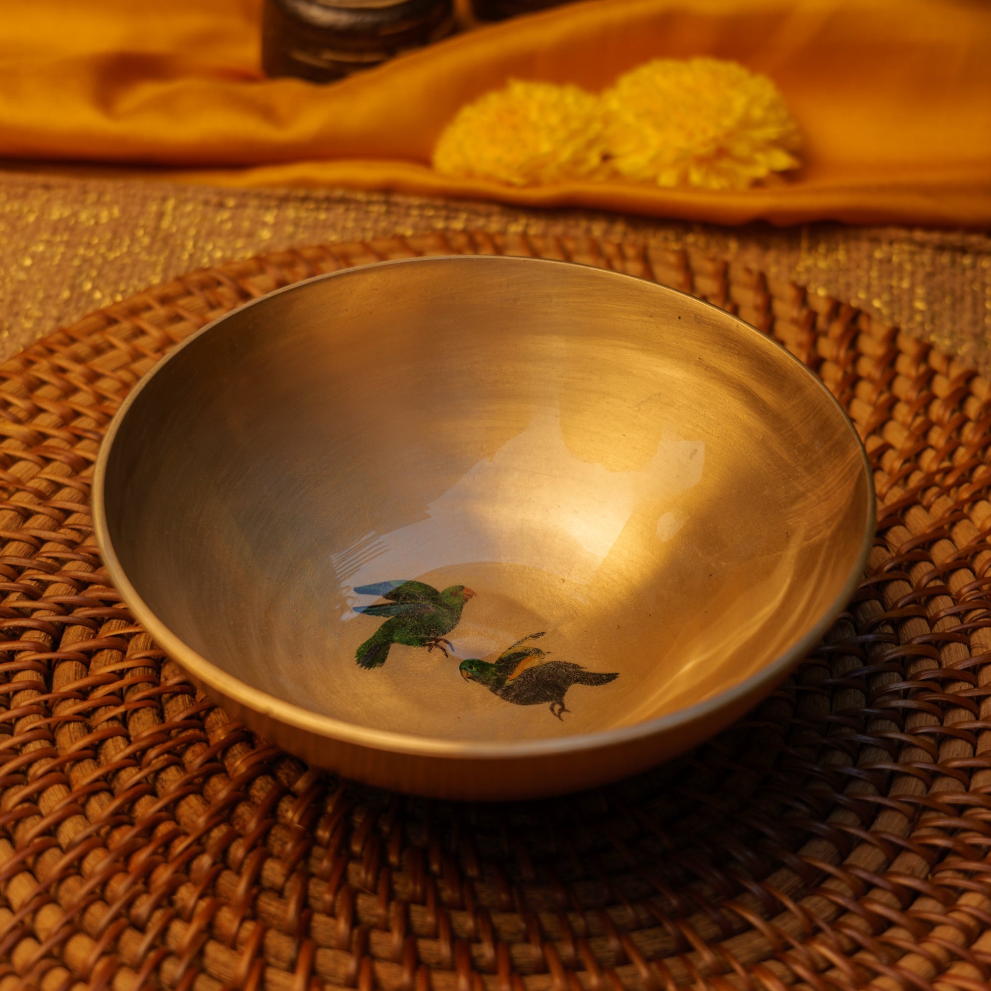 Ambi Pure 100% Lead Free Kansa Two Parrots Hand Painted Finish Large Serving Bowl - 6.5 Inches - 450 ML