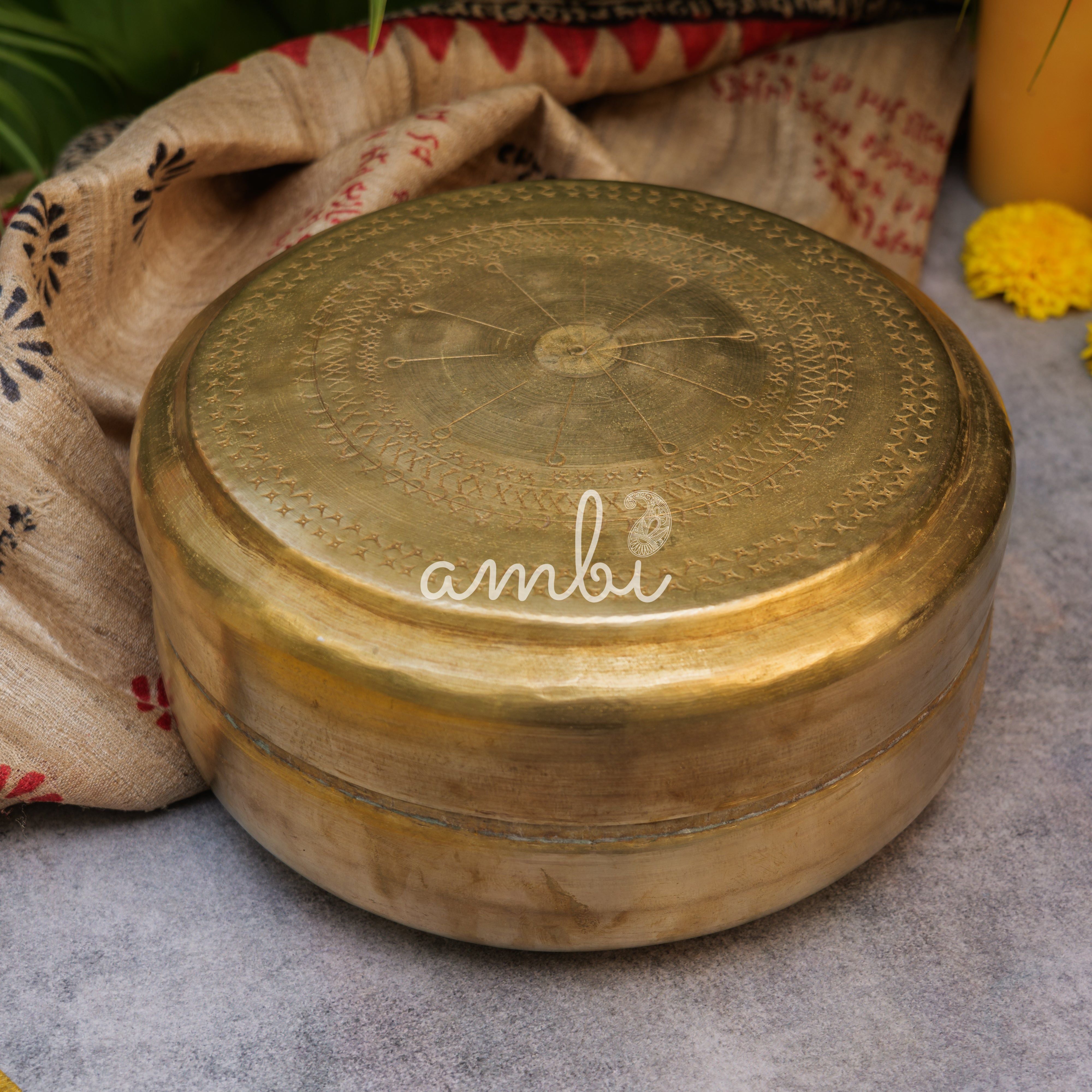 Heritage Vintage Brass Roti Box - Large - with Intricate Design - 7.5 Inches
