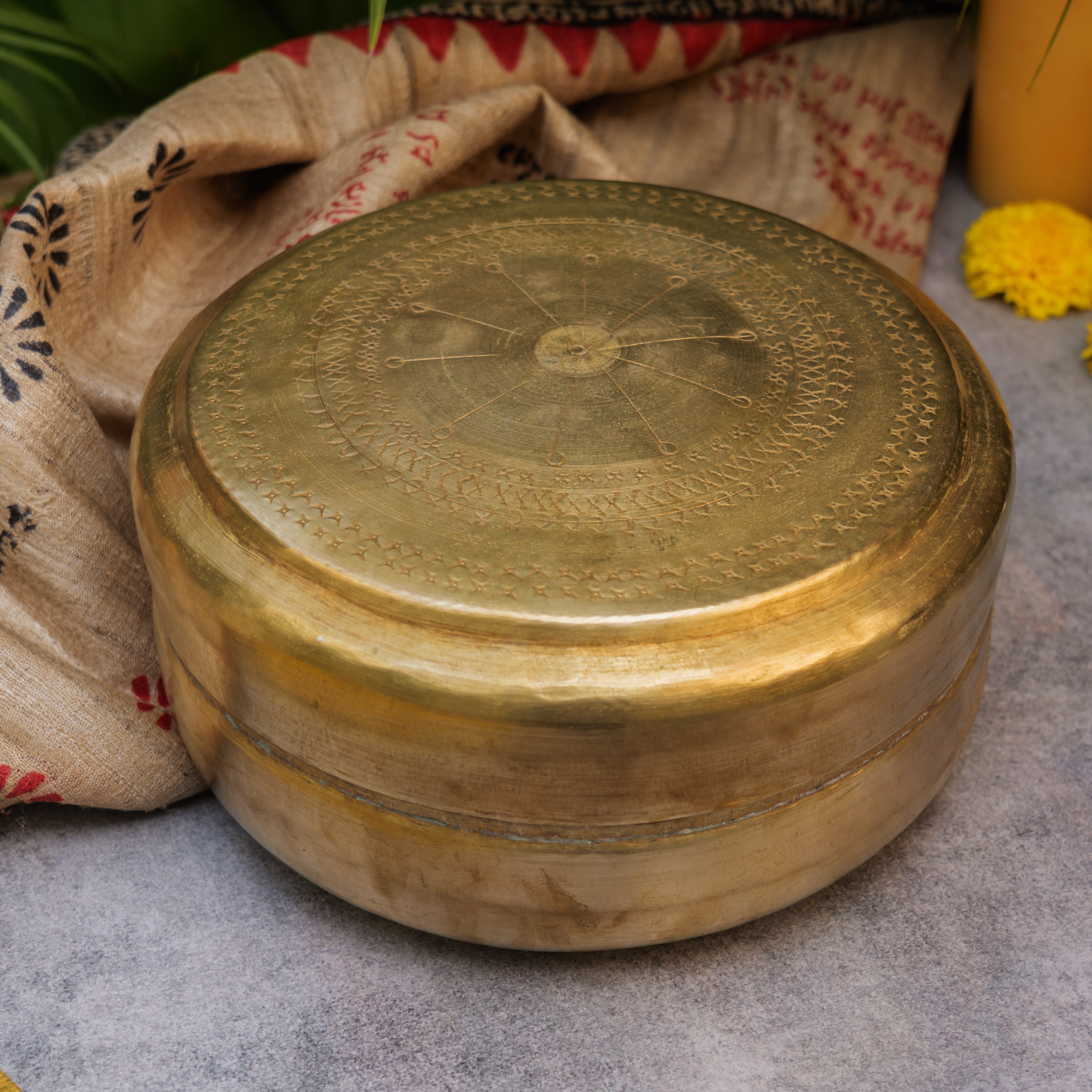 Heritage Vintage Brass Roti Box - Large - with Intricate Design - 7.5 Inches