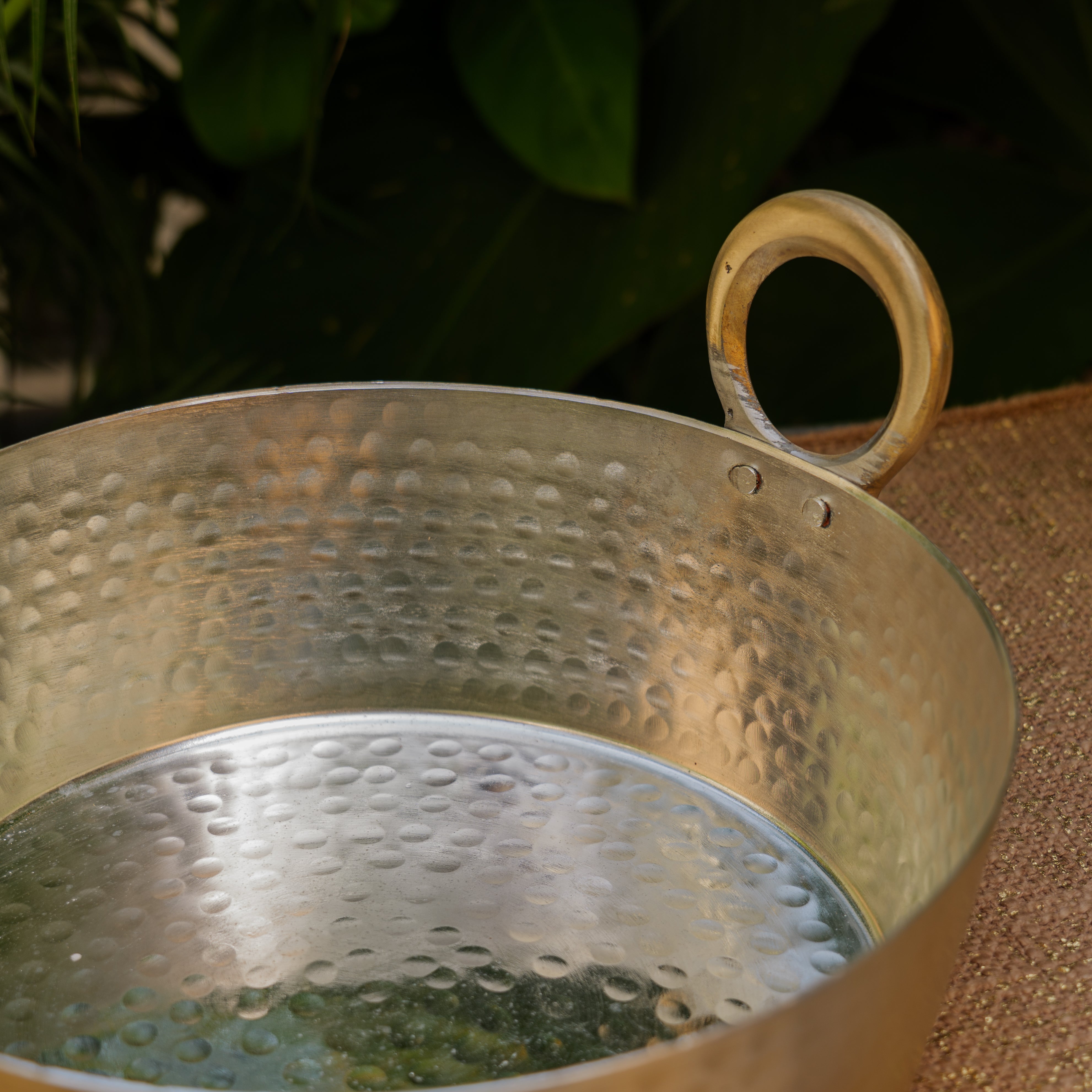 Pure Brass Traditional Hammered Kadhai — Flat Base with Kalai | 10 Inches Medium | Ambi