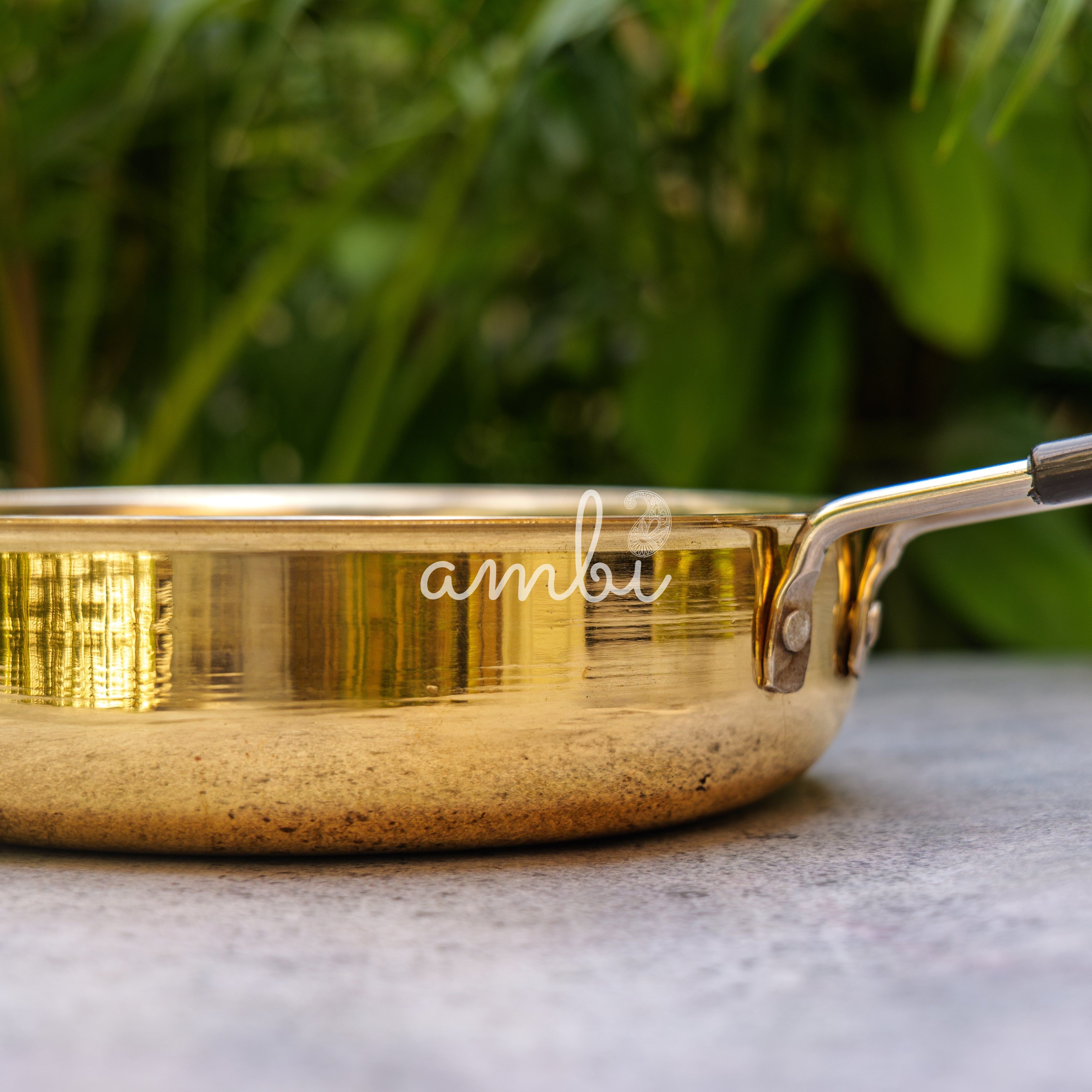 Ambi Exquisite Brass Fry Pan Glossy with Glass Lid and Tin Coating - 8 inches Diameter