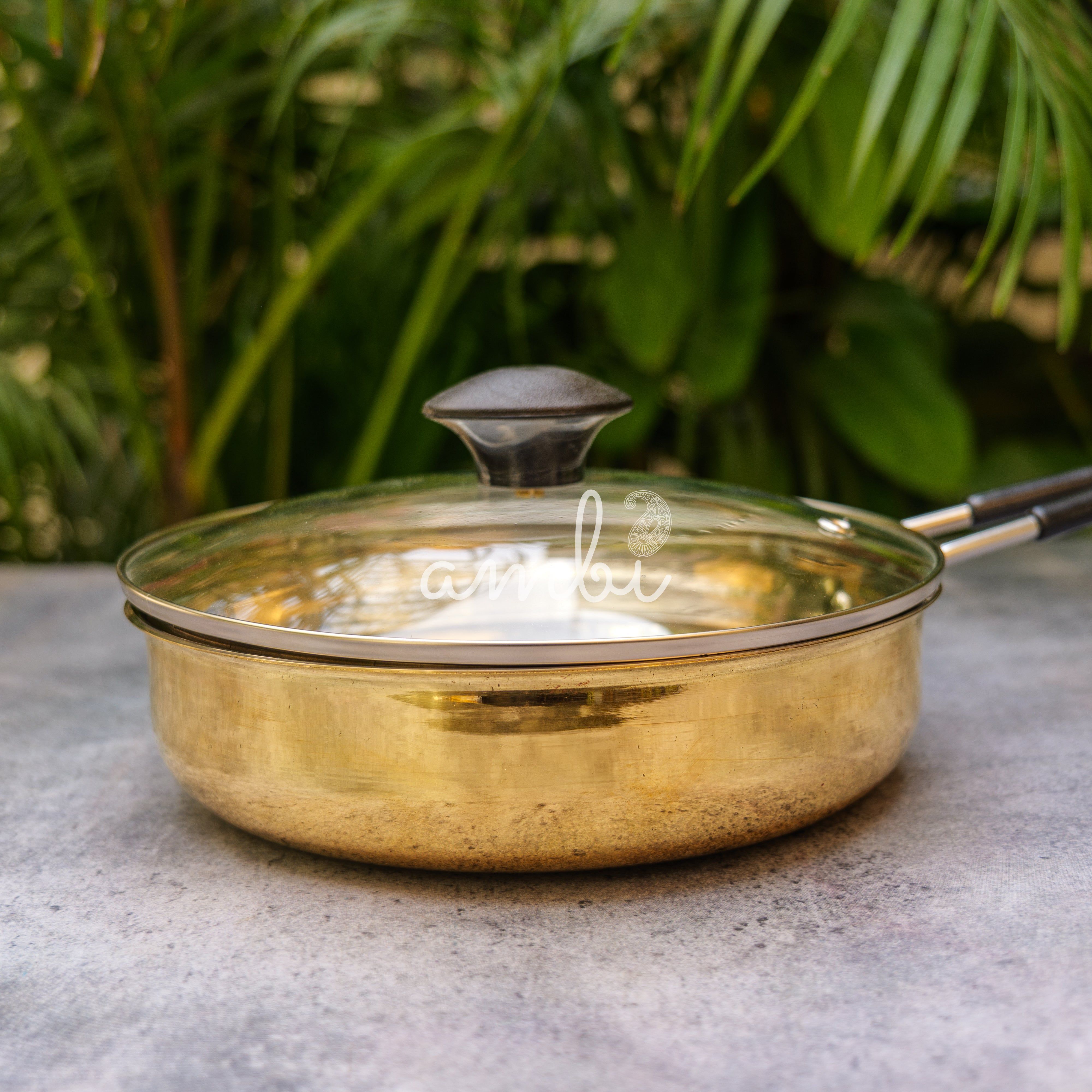 Ambi Exquisite Brass Fry Pan Glossy with Glass Lid and Tin Coating - 8 inches Diameter
