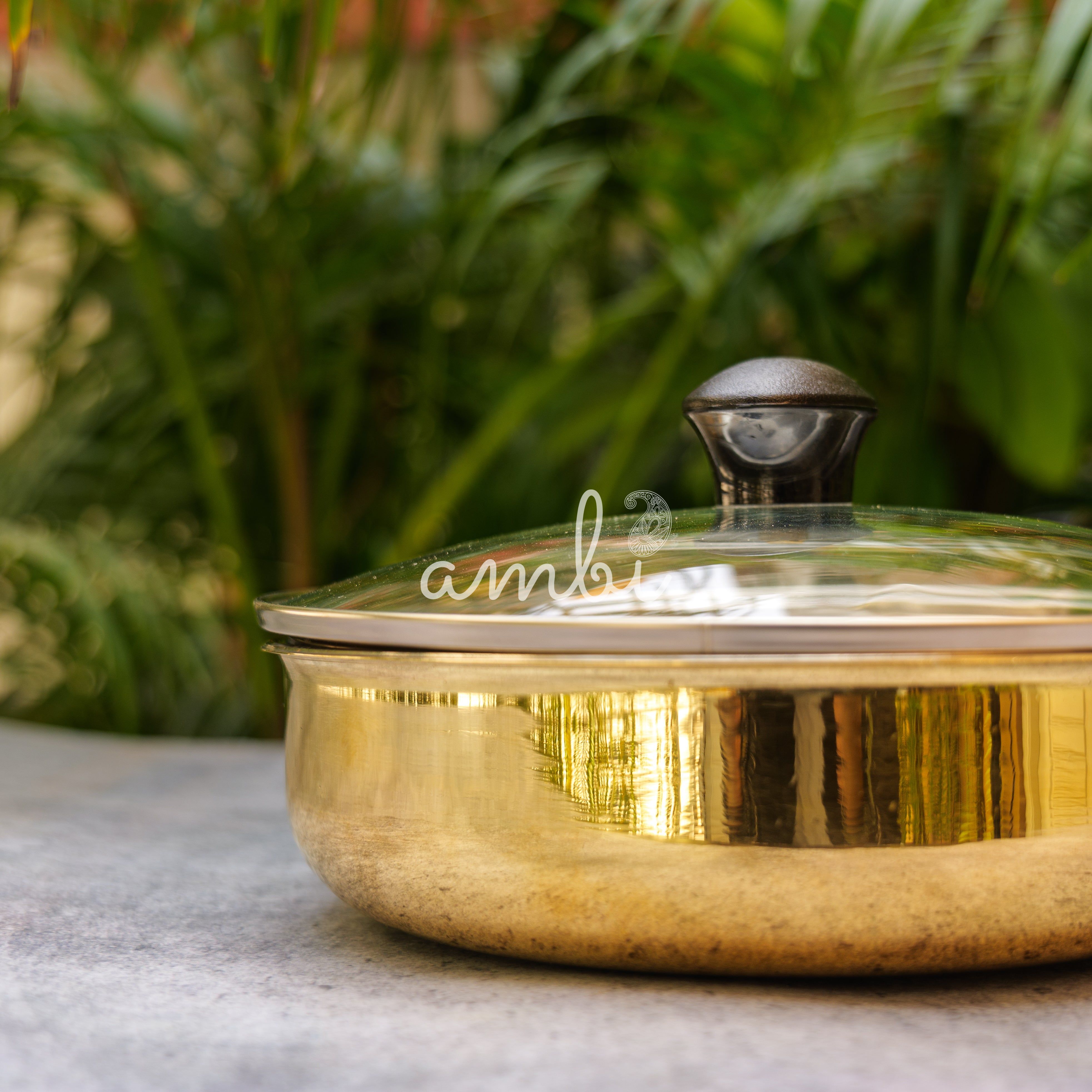 Ambi Exquisite Brass Fry Pan Glossy with Glass Lid and Tin Coating - 8 inches Diameter