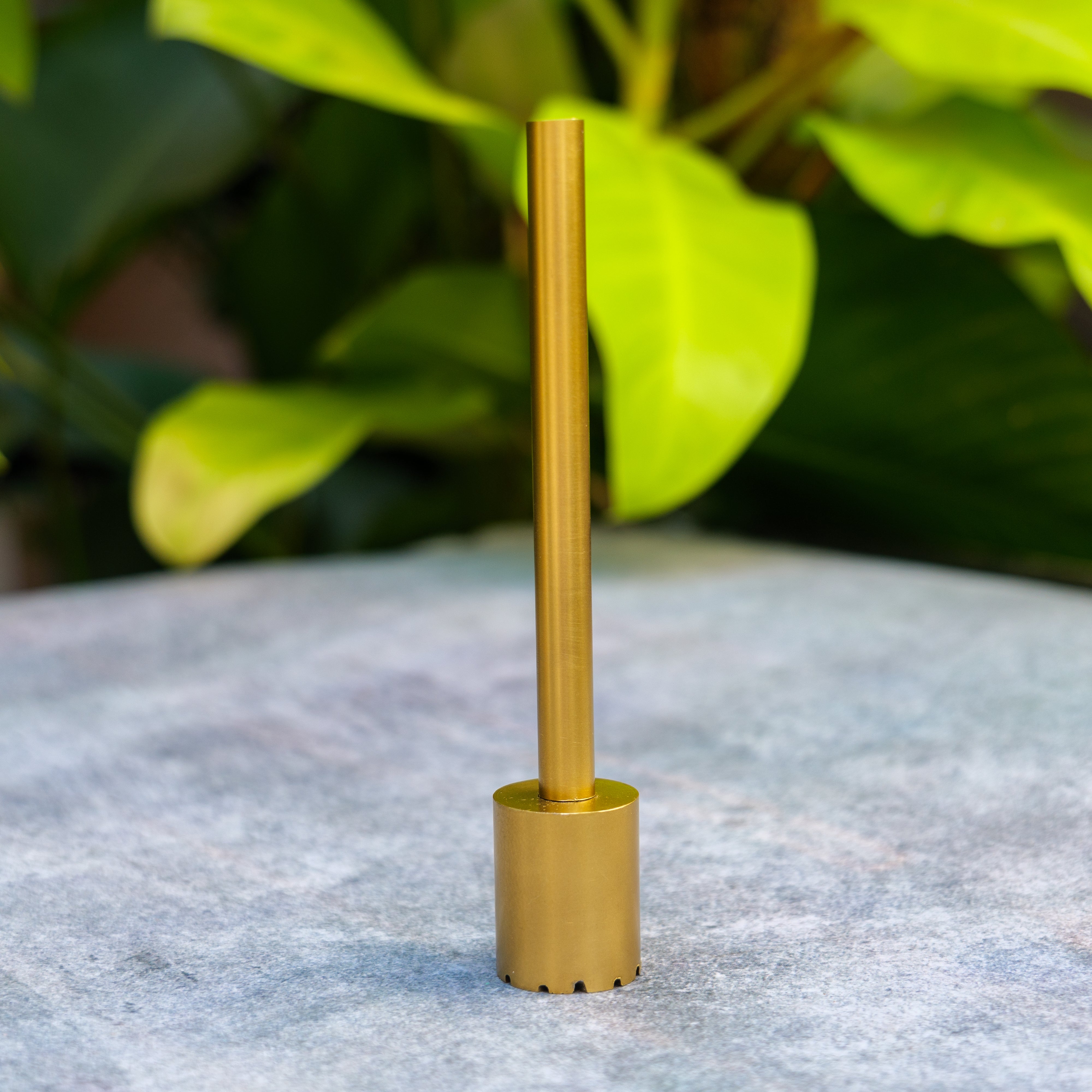 Gold-colored pen holder with a cylindrical design on a textured surface with green leaves in the background
