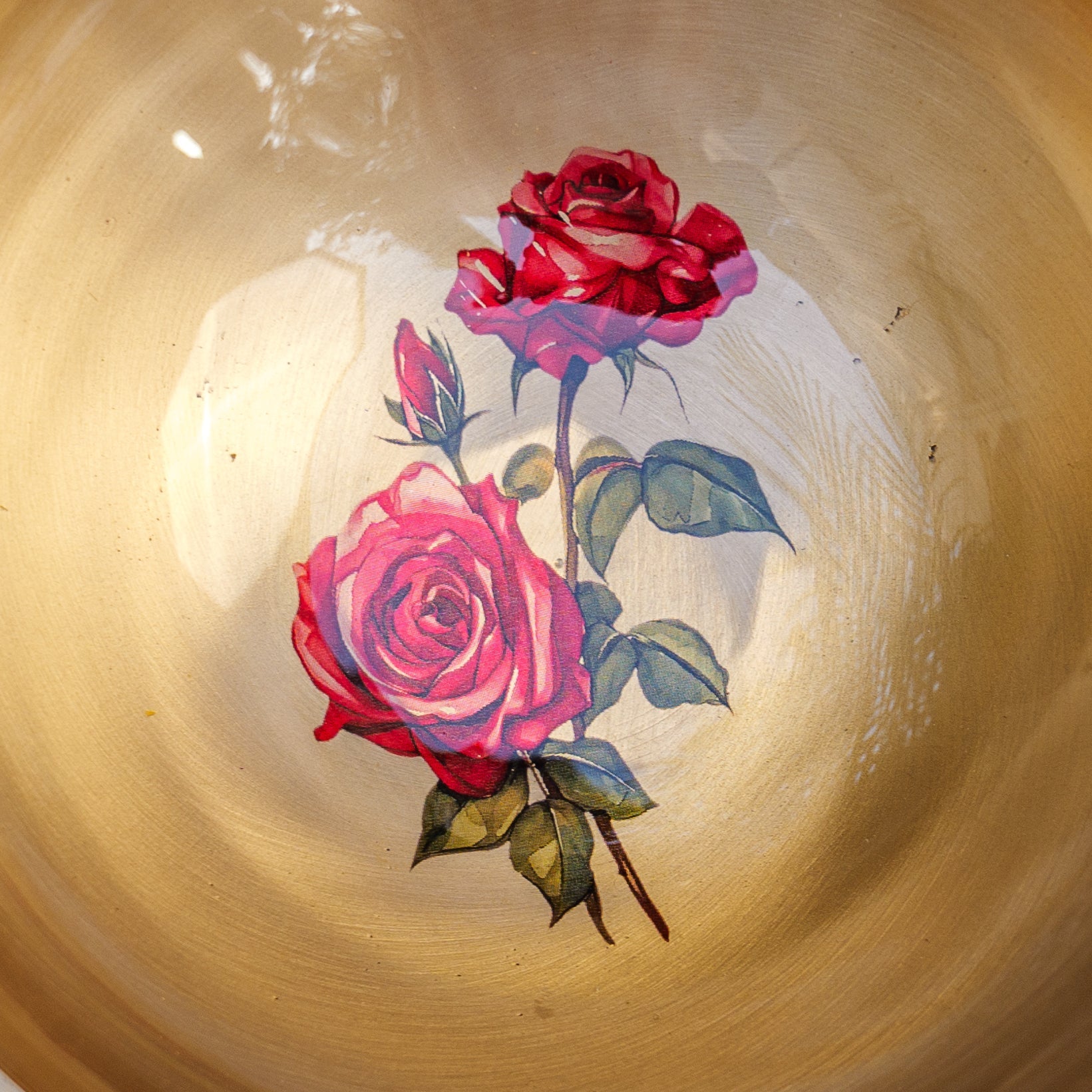 AMBI Lead Free 100% Pure Kansa Floral Hand Painted Finish Katori- Rose Design - 5.5 Inches -470 ML