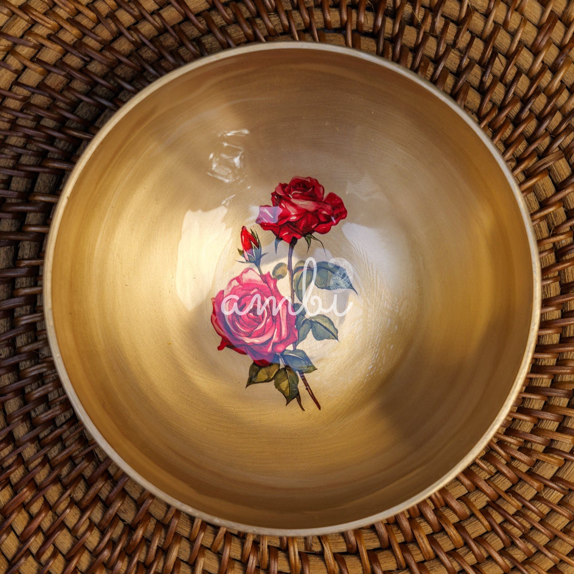 AMBI Lead Free 100% Pure Kansa Floral Hand Painted Finish Katori- Rose Design - 5.5 Inches -470 ML