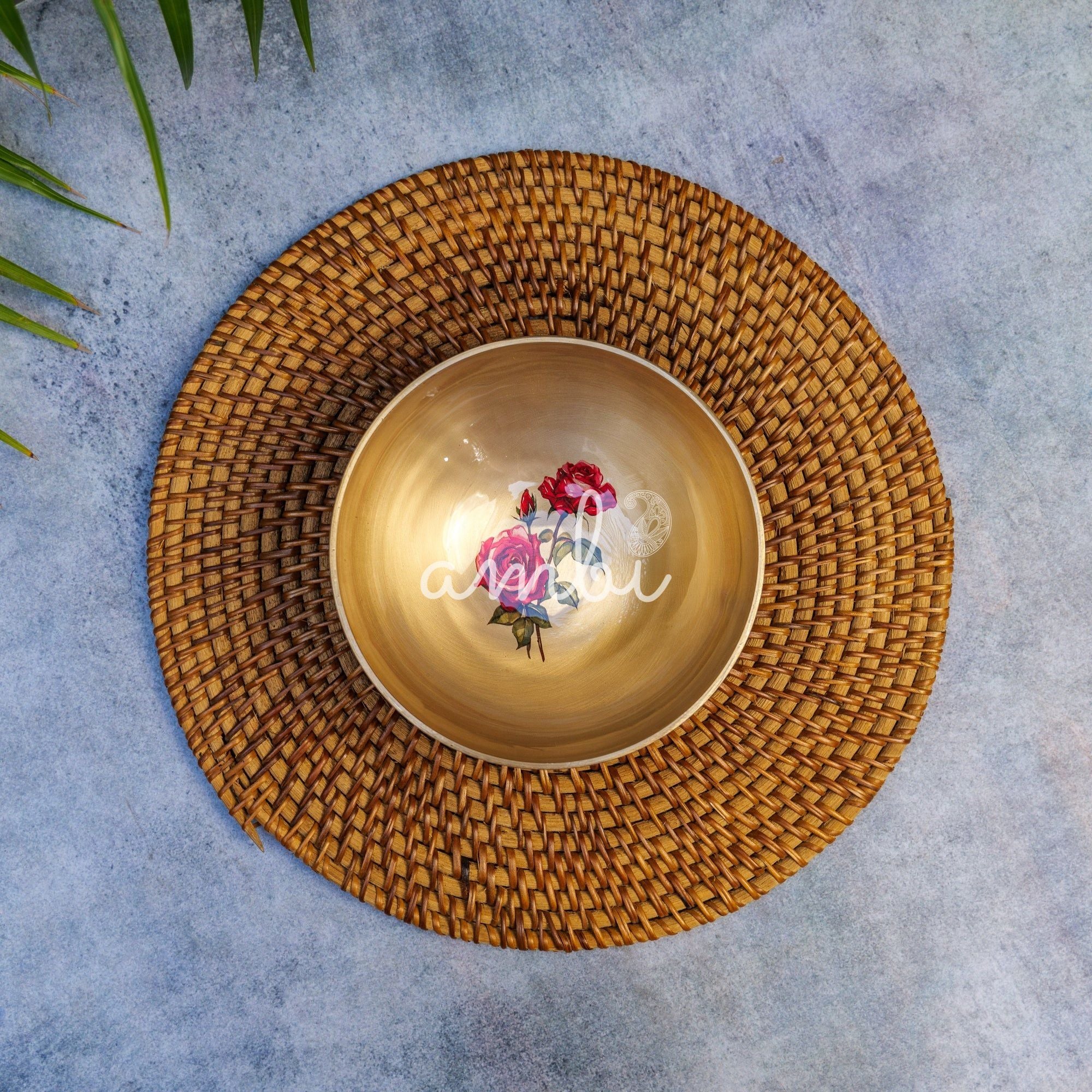 AMBI Lead Free 100% Pure Kansa Floral Hand Painted Finish Katori- Rose Design - 5.5 Inches -470 ML