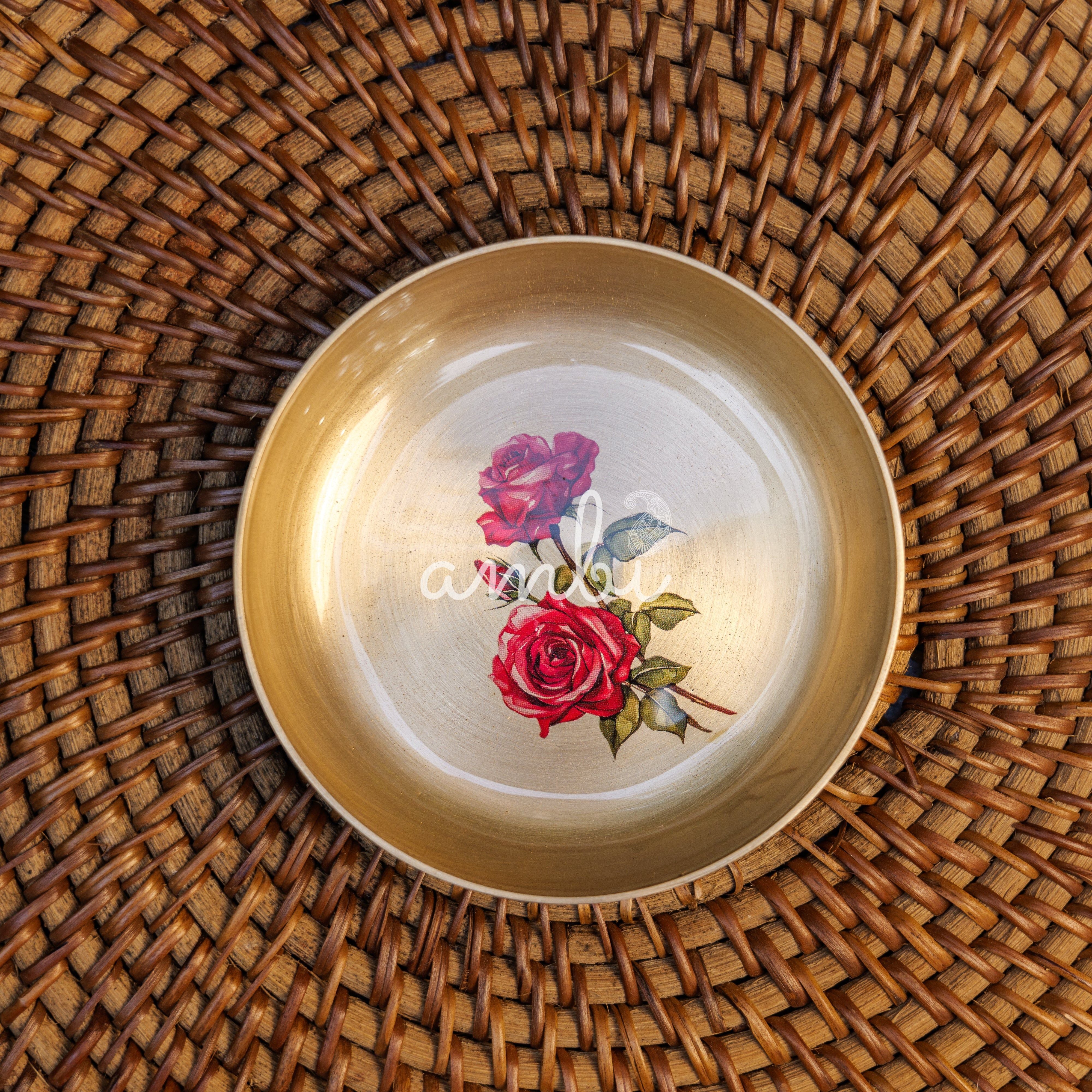 AMBI Lead Free 100% Pure Kansa Small Rose Floral Hand Painted Finish Plate / Dessert Plate - 4 Inch