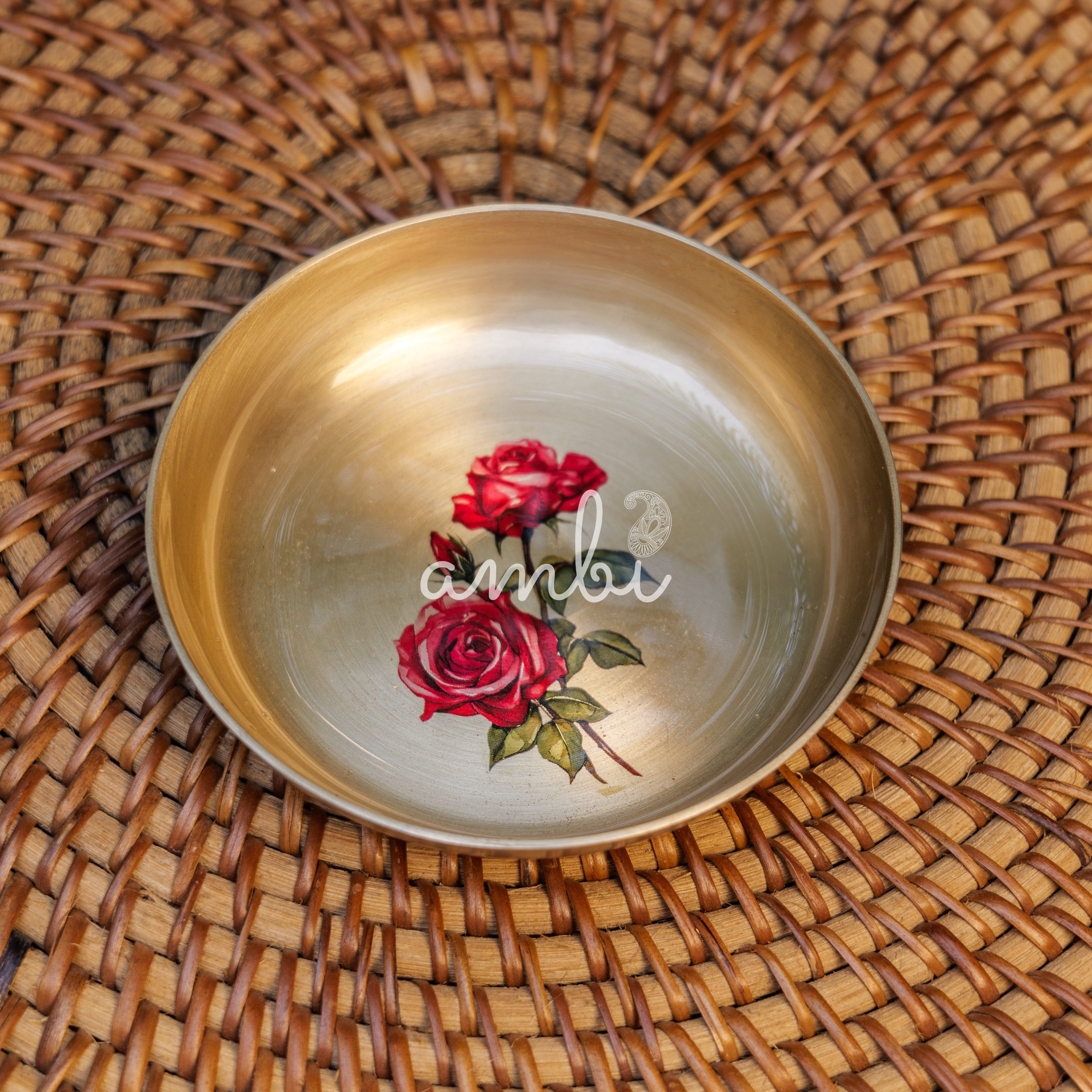 AMBI Lead Free 100% Pure Kansa Small Rose Floral Hand Painted Finish Plate / Dessert Plate - 4 Inch