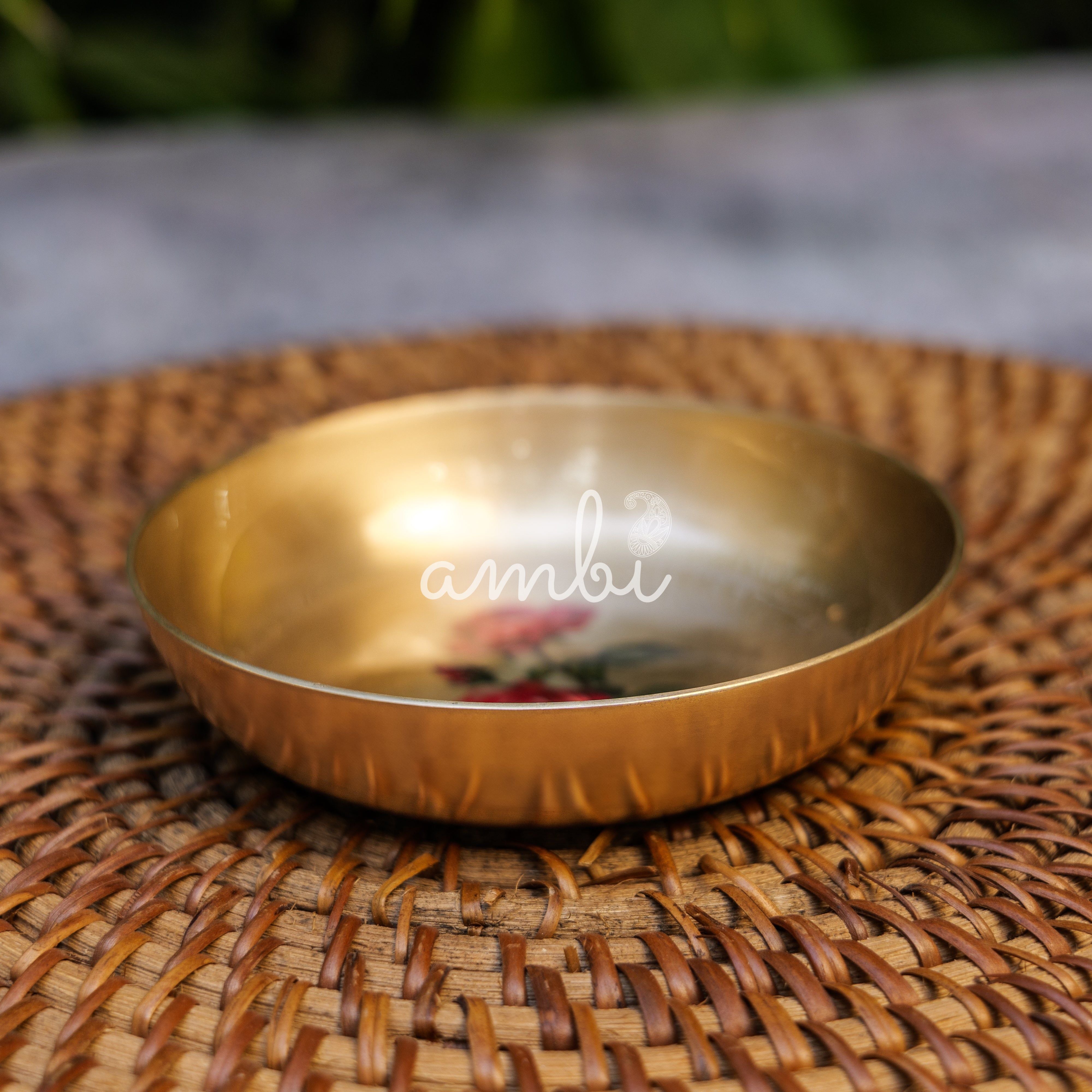 AMBI Lead Free 100% Pure Kansa Small Rose Floral Hand Painted Finish Plate / Dessert Plate - 4 Inch