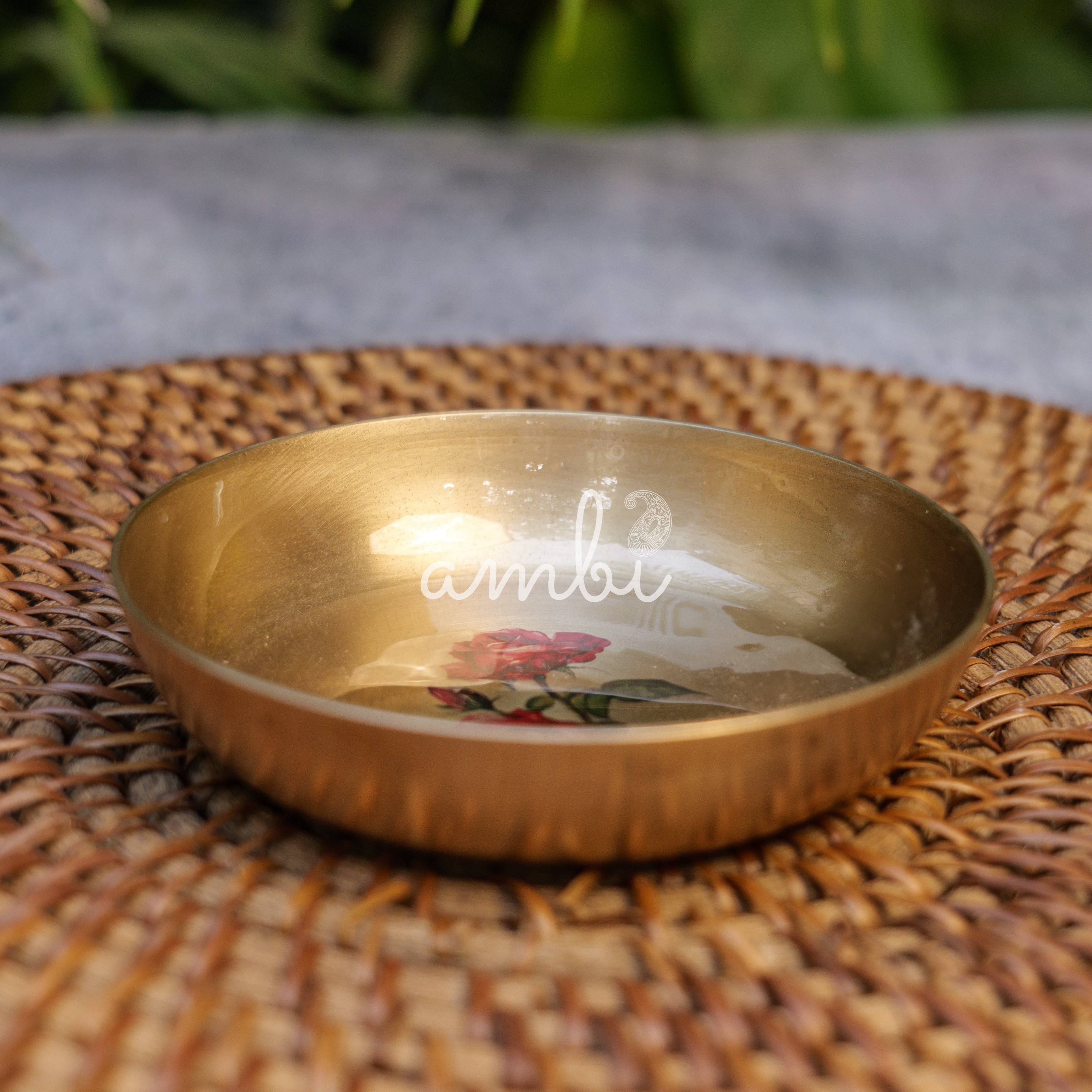 AMBI Lead Free 100% Pure Kansa Small Rose Floral Hand Painted Finish Plate / Dessert Plate - 4 Inch