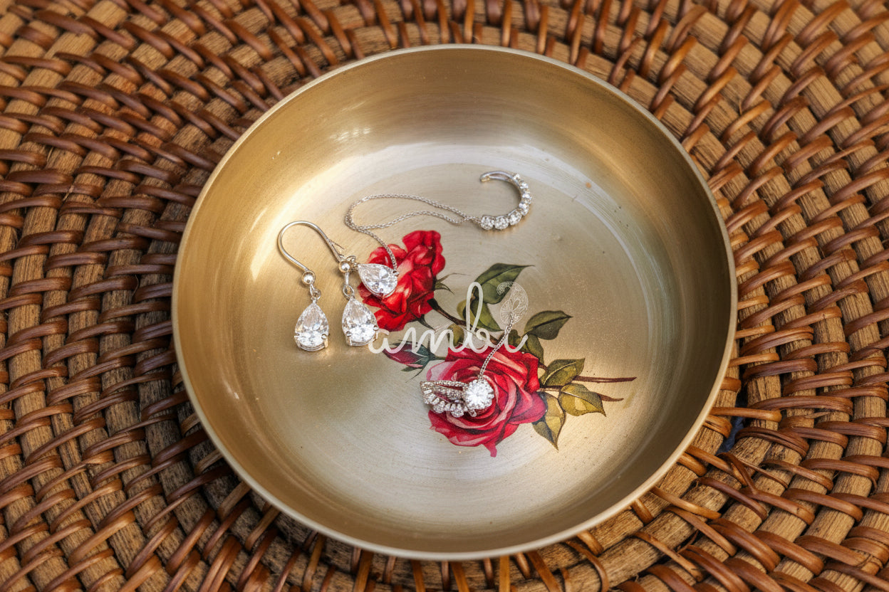 AMBI Lead Free 100% Pure Kansa Small Rose Floral Hand Painted Finish Plate / Dessert Plate - 4 Inch