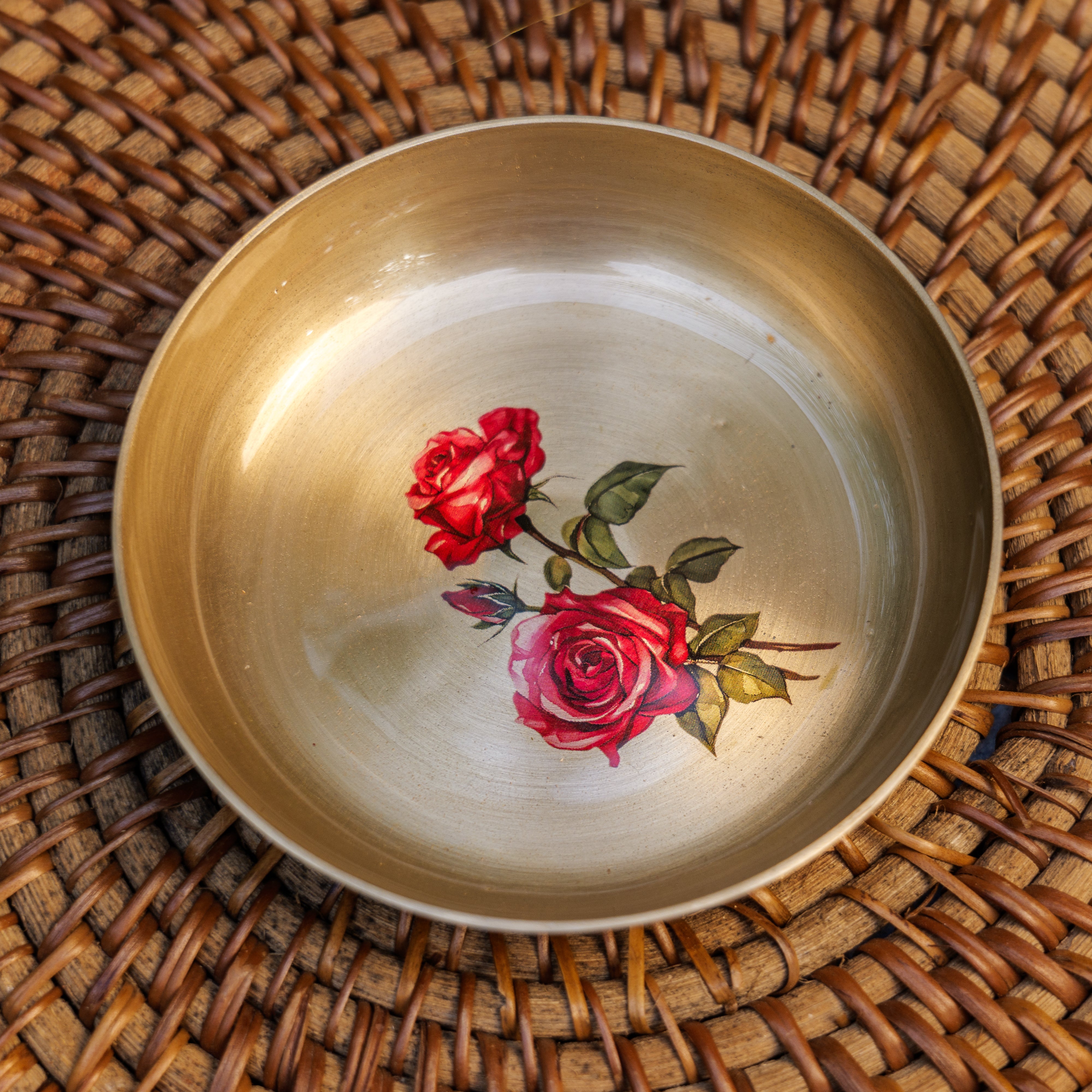 AMBI Lead Free 100% Pure Kansa Small Rose Floral Hand Painted Finish Plate / Dessert Plate - 6 Inch
