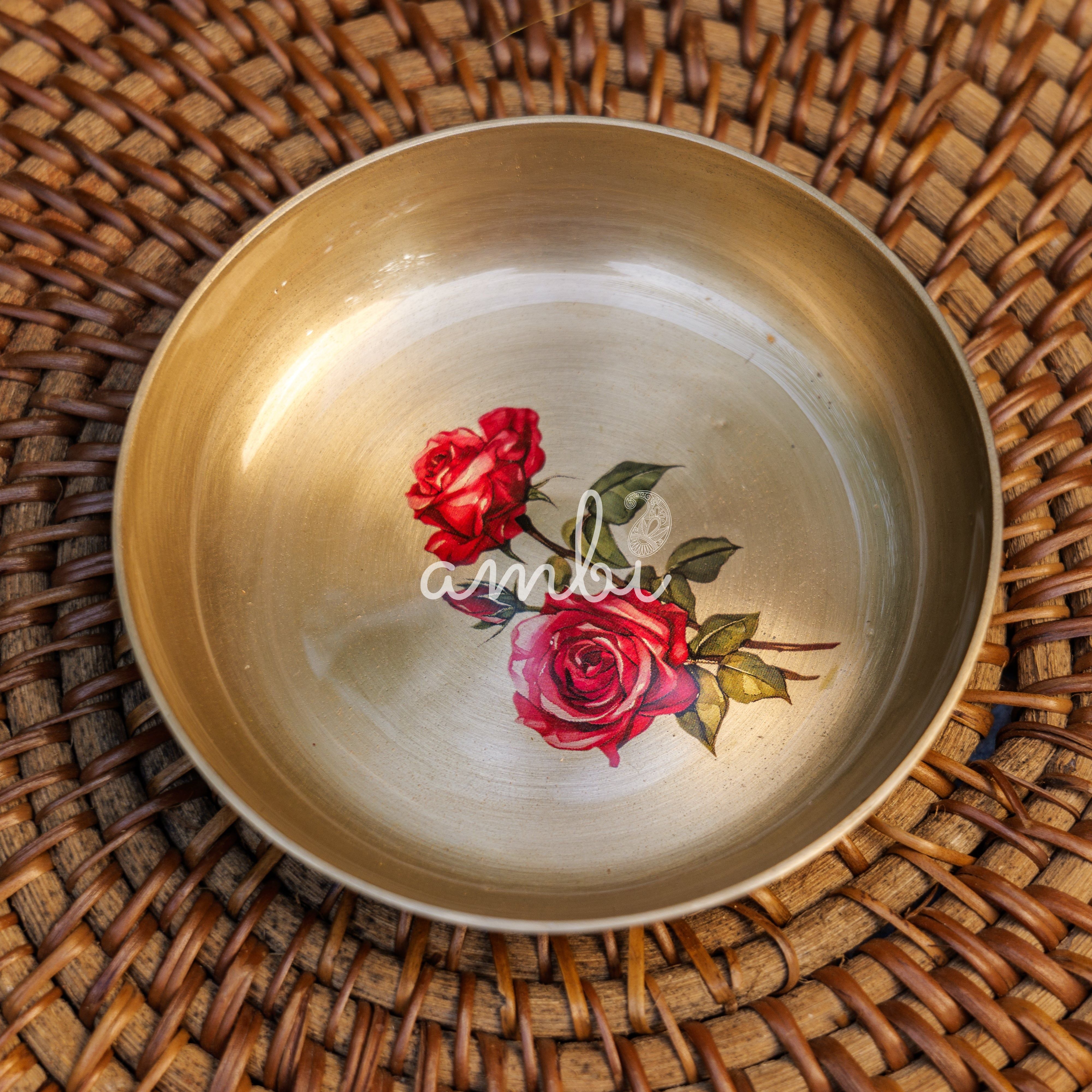 AMBI Lead Free 100% Pure Kansa Small Rose Floral Hand Painted Finish Plate / Dessert Plate - 4 Inch