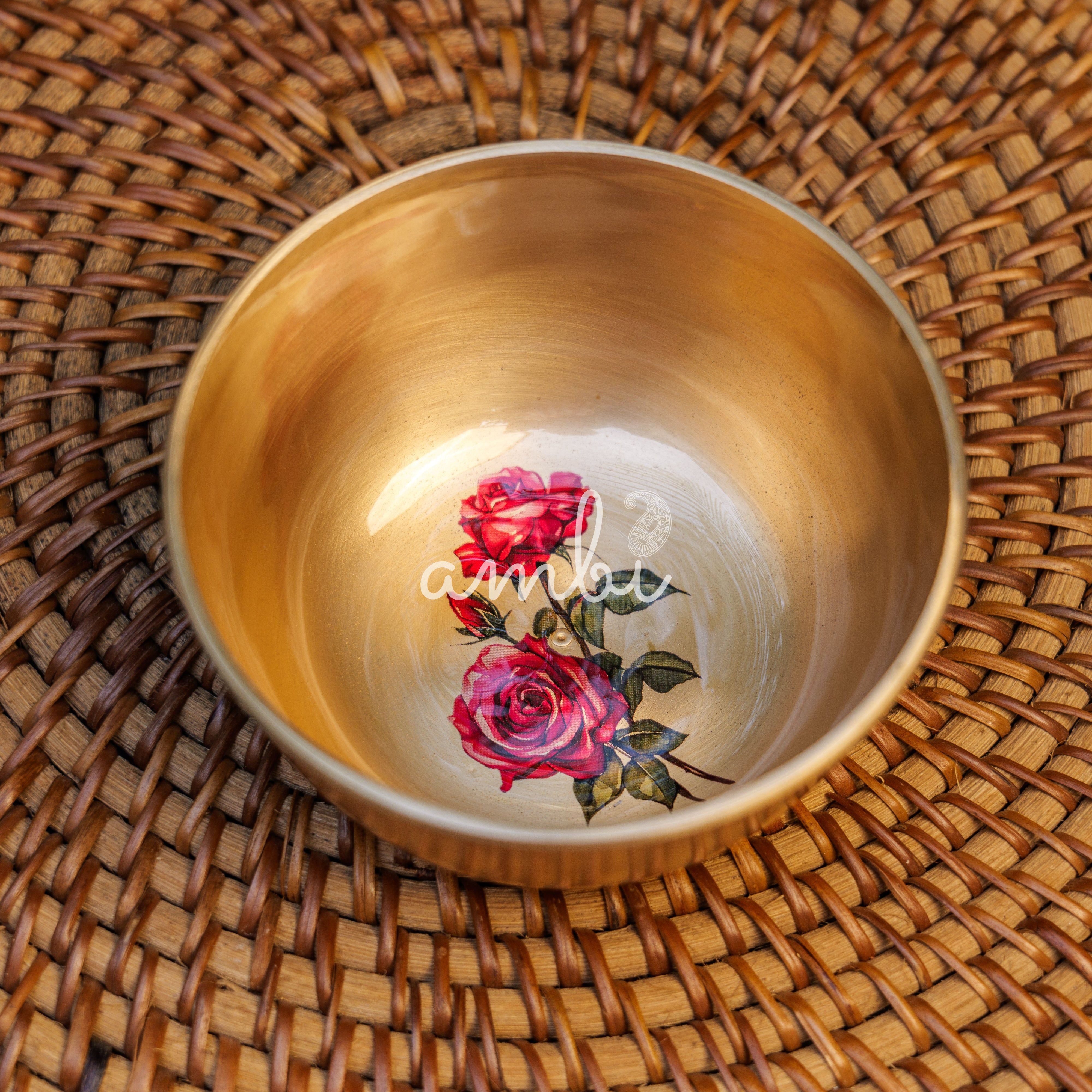 AMBI Lead Free 100% Pure Kansa Small Floral Hand Painted Finish Bowl - Rose Design - 4 Inches - 270 ML
