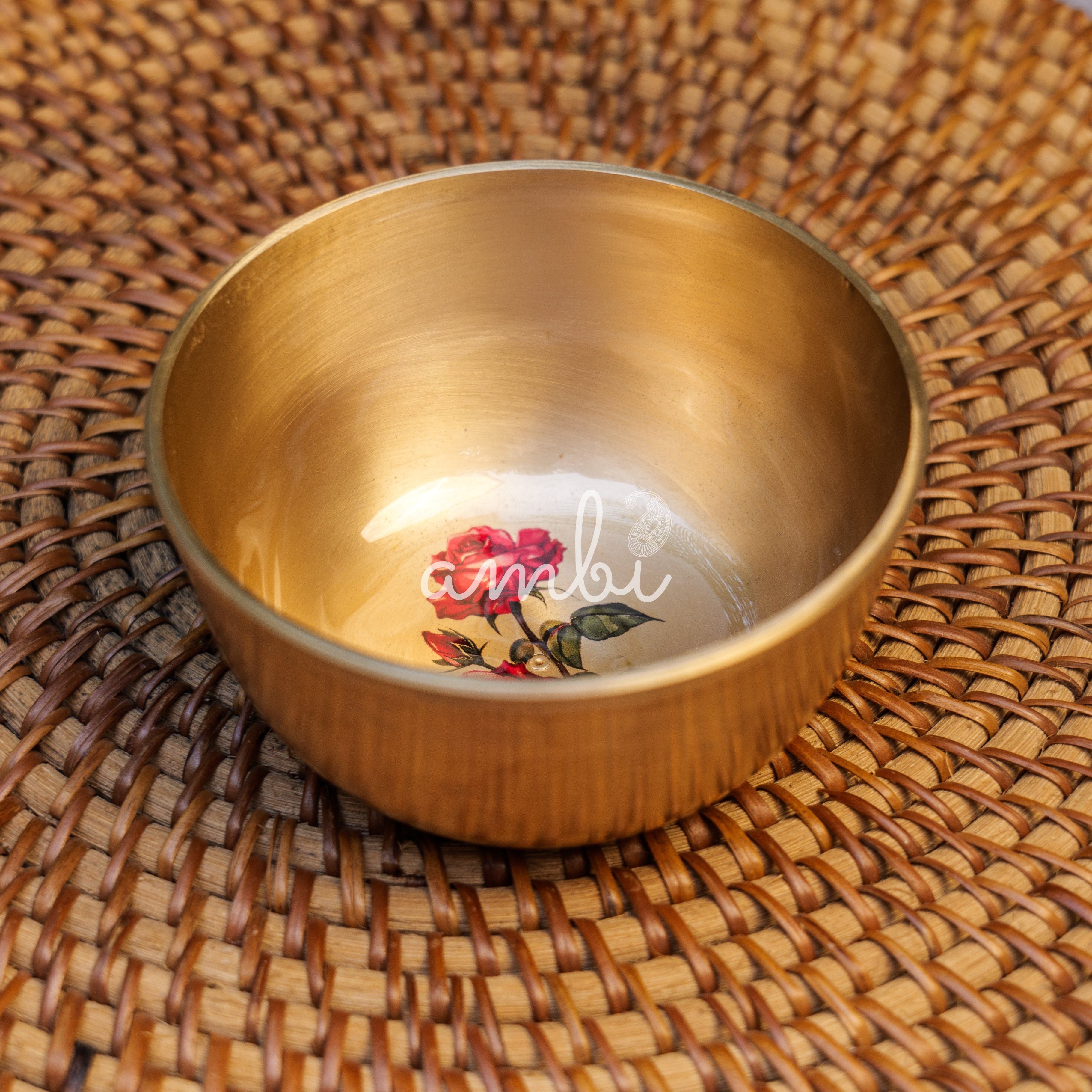 AMBI Lead Free 100% Pure Kansa Small Floral Hand Painted Finish Bowl - Rose Design - 4 Inches - 270 ML