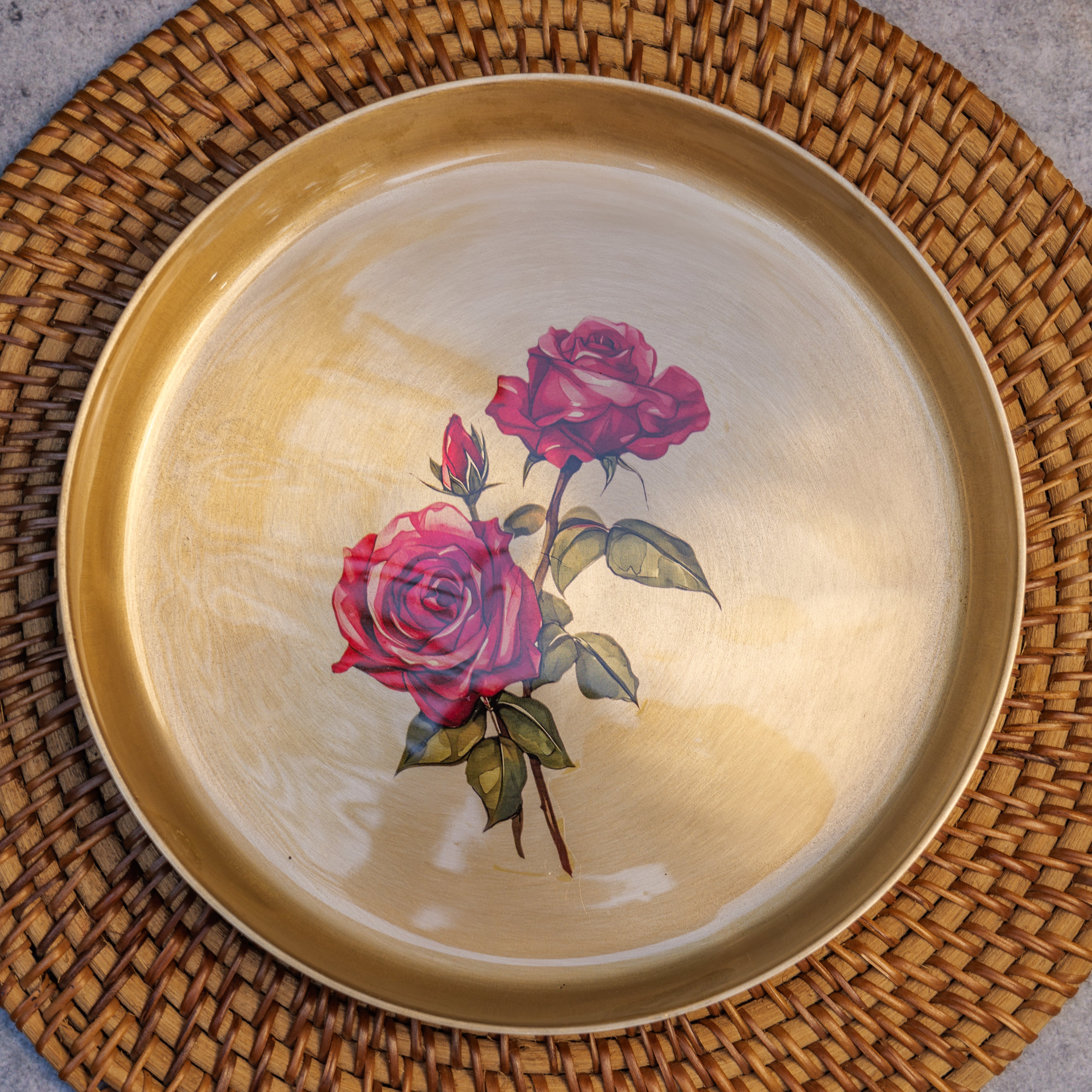 Lead Free 100% Pure Kansa Floral Hand Painted Finish Plate - Rose Design - 9 Inch