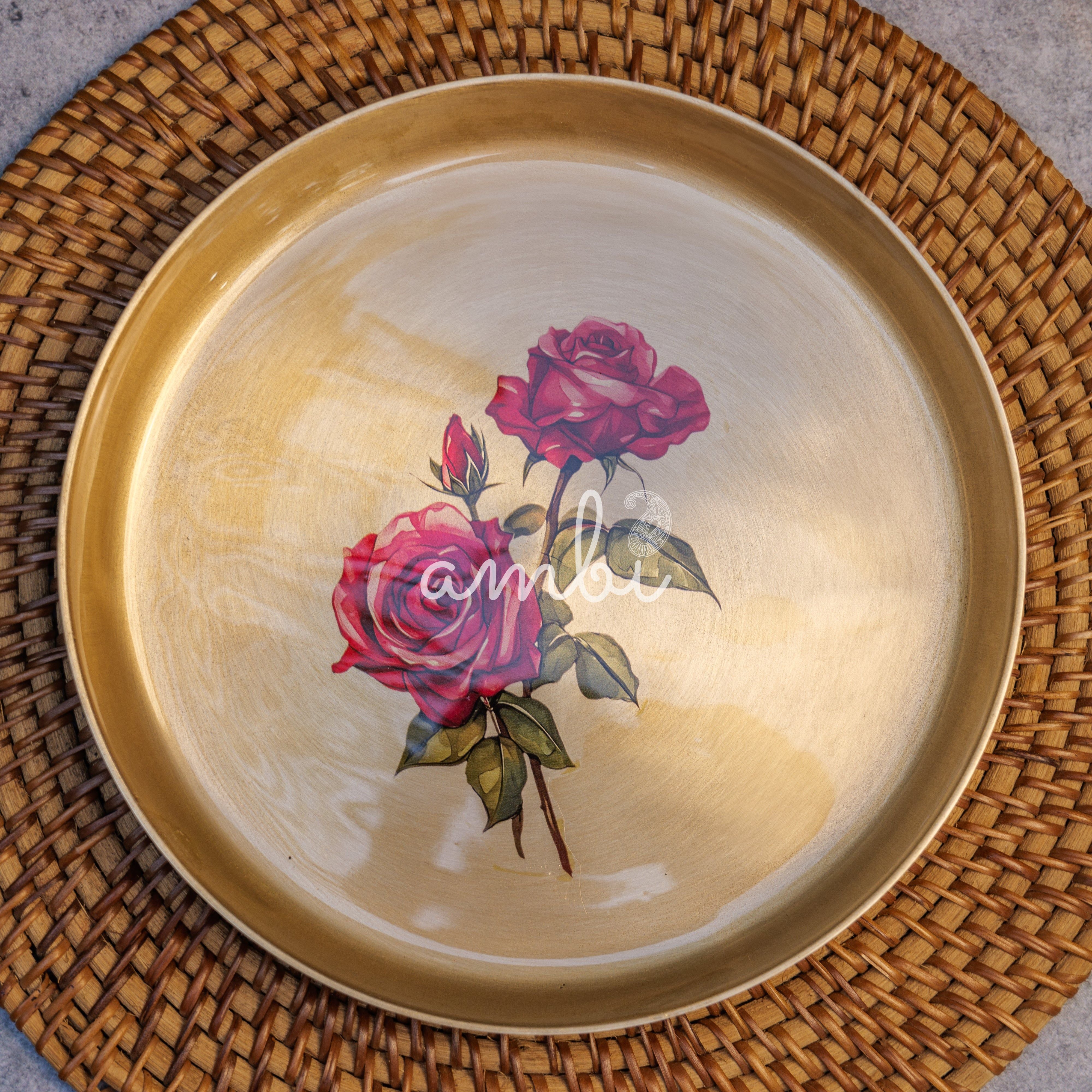 Lead Free 100% Pure Kansa Floral Hand Painted Finish Plate - Rose Design - 8 Inch