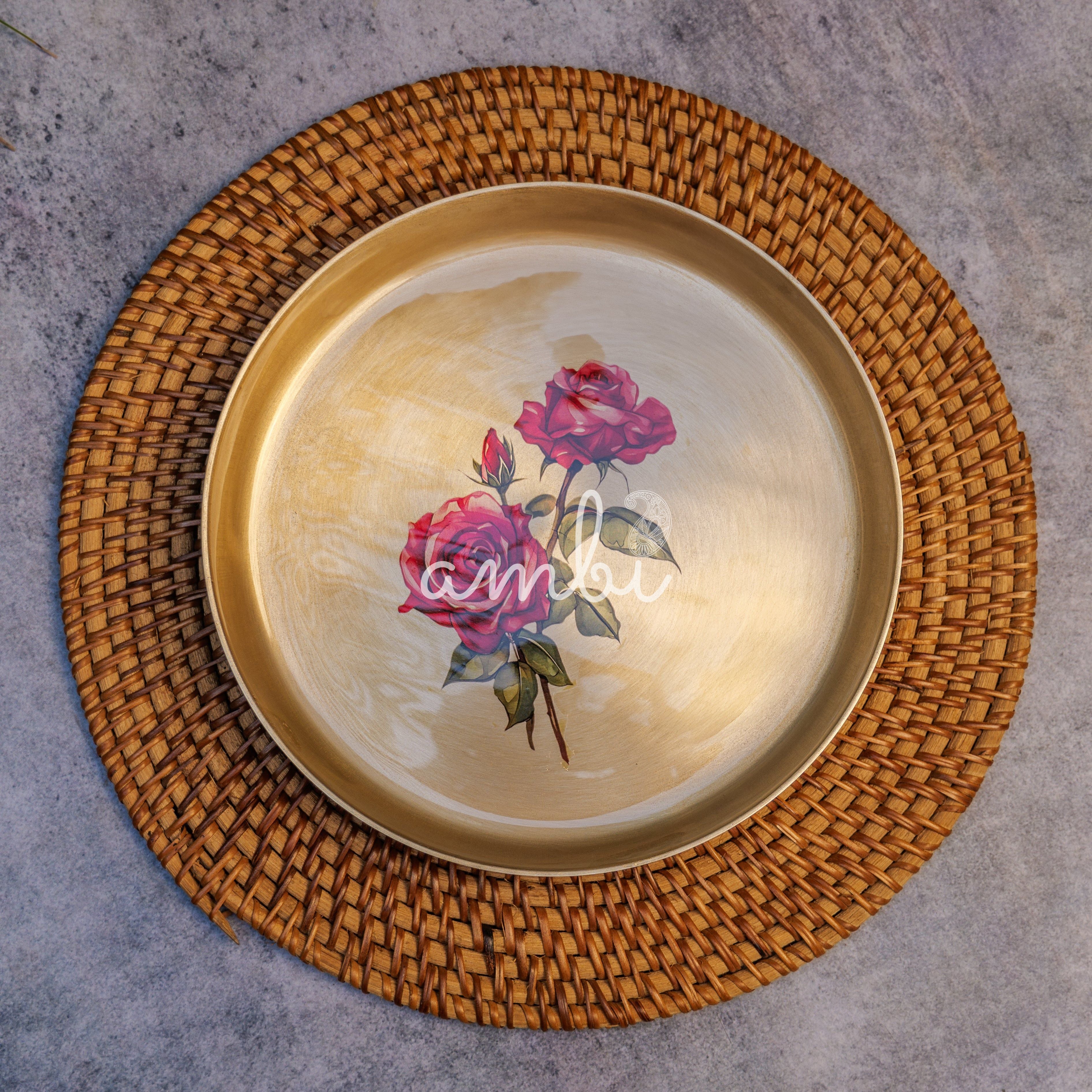 Lead Free 100% Pure Kansa Floral Hand Painted Finish Plate - Rose Design - 8 Inch