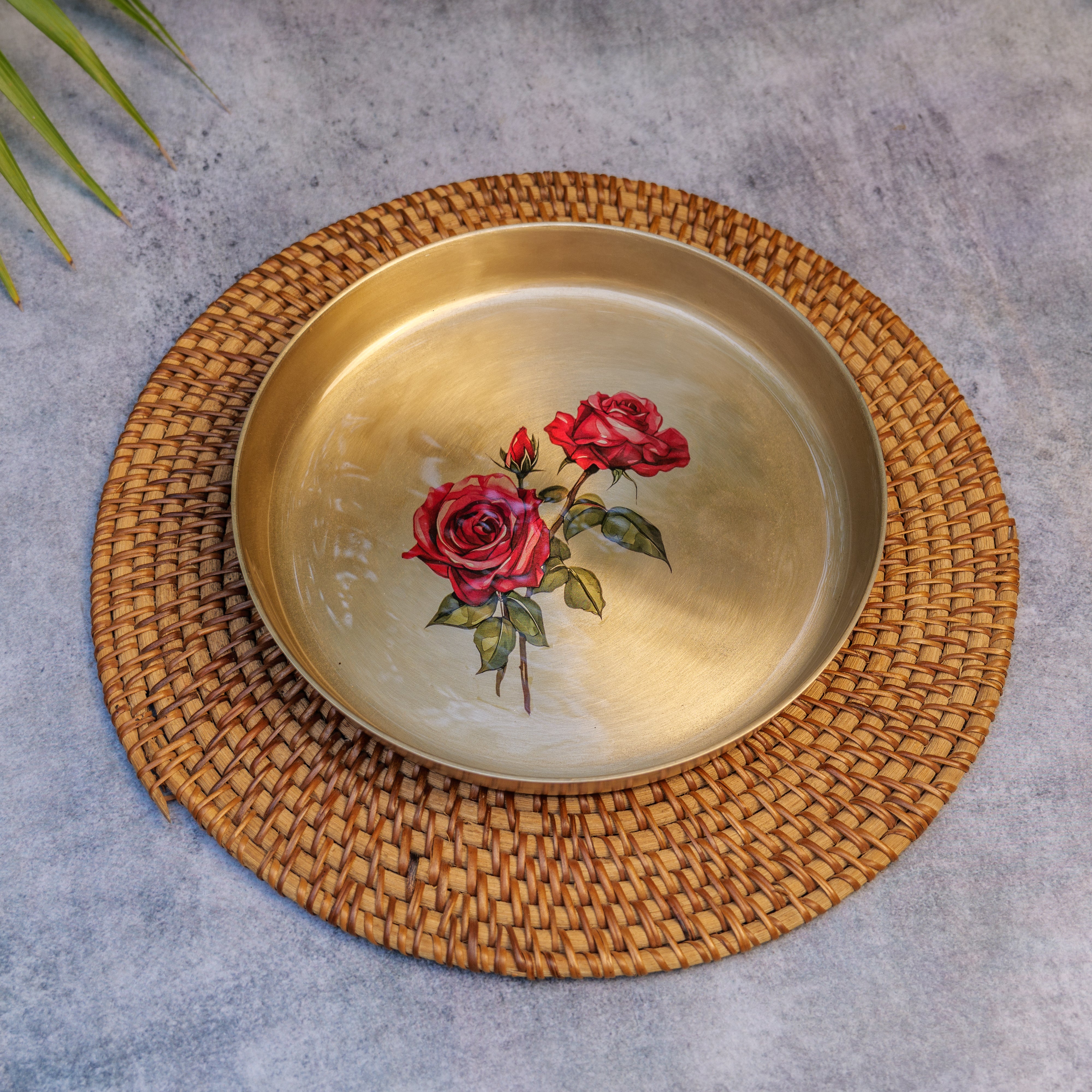 Lead Free 100% Pure Kansa Floral Hand Painted Finish Plate - Rose Design - 9 Inch
