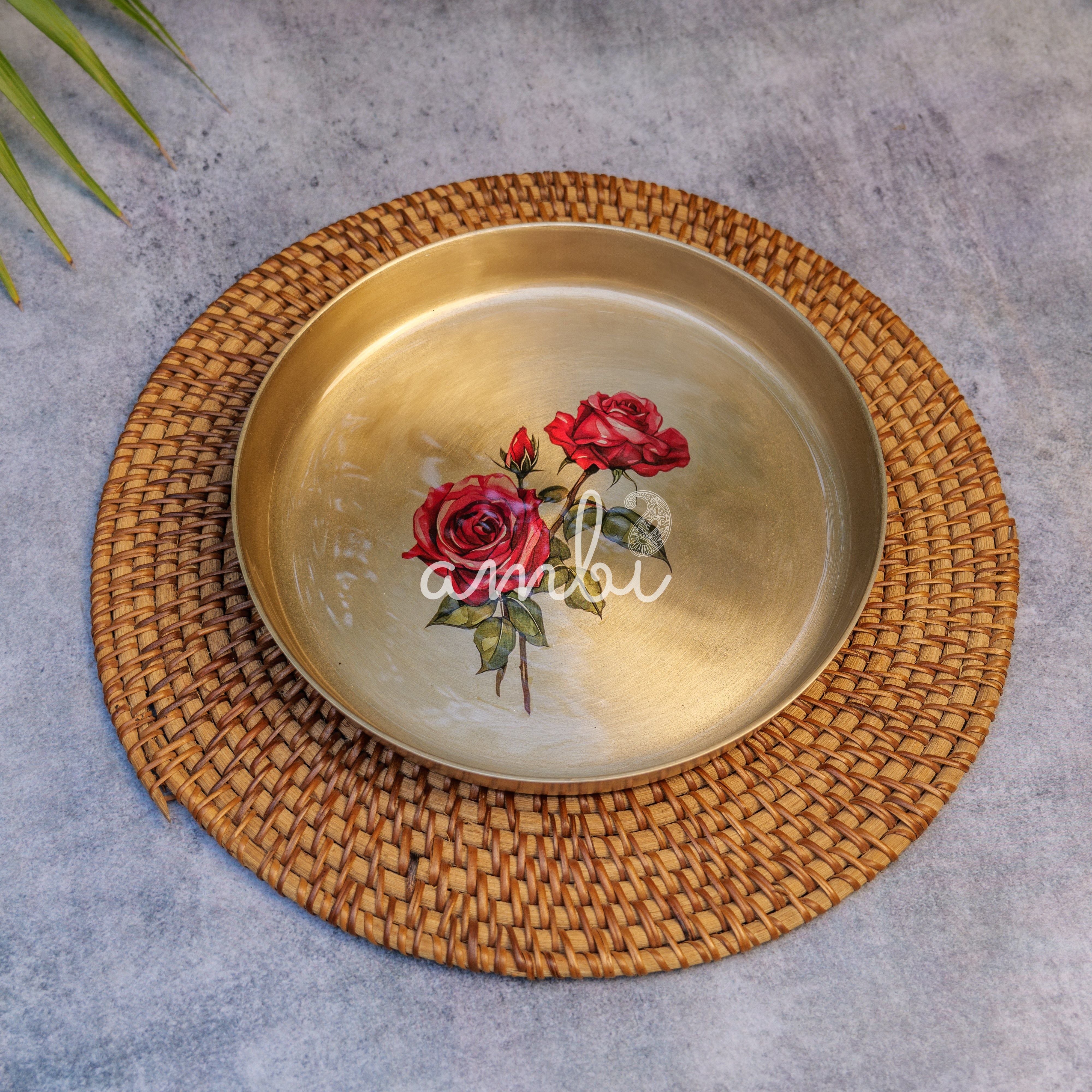 Lead Free 100% Pure Kansa Floral Hand Painted Finish Plate - Rose Design - 8 Inch