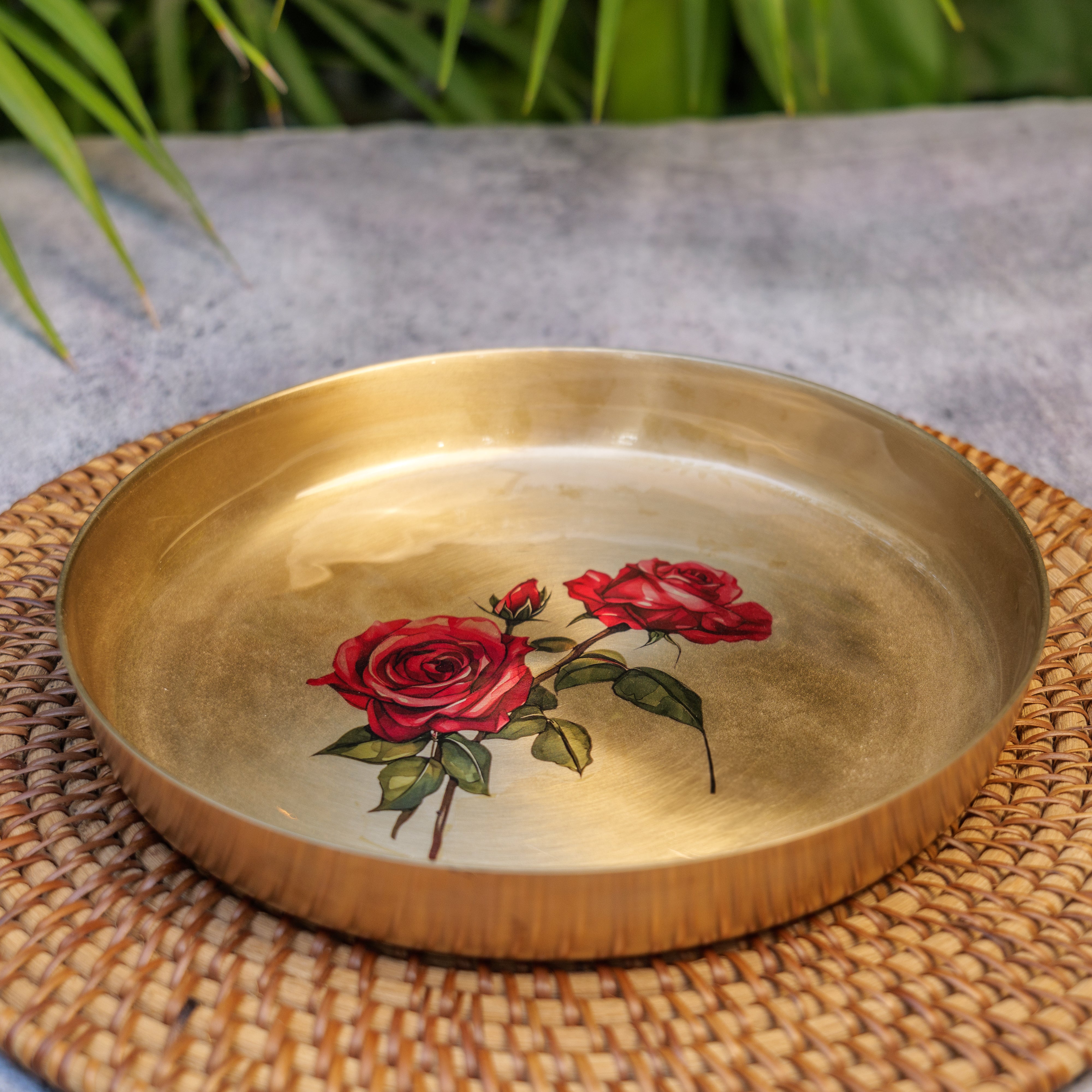 Lead Free 100% Pure Kansa Floral Hand Painted Finish Plate - Rose Design - 9 Inch