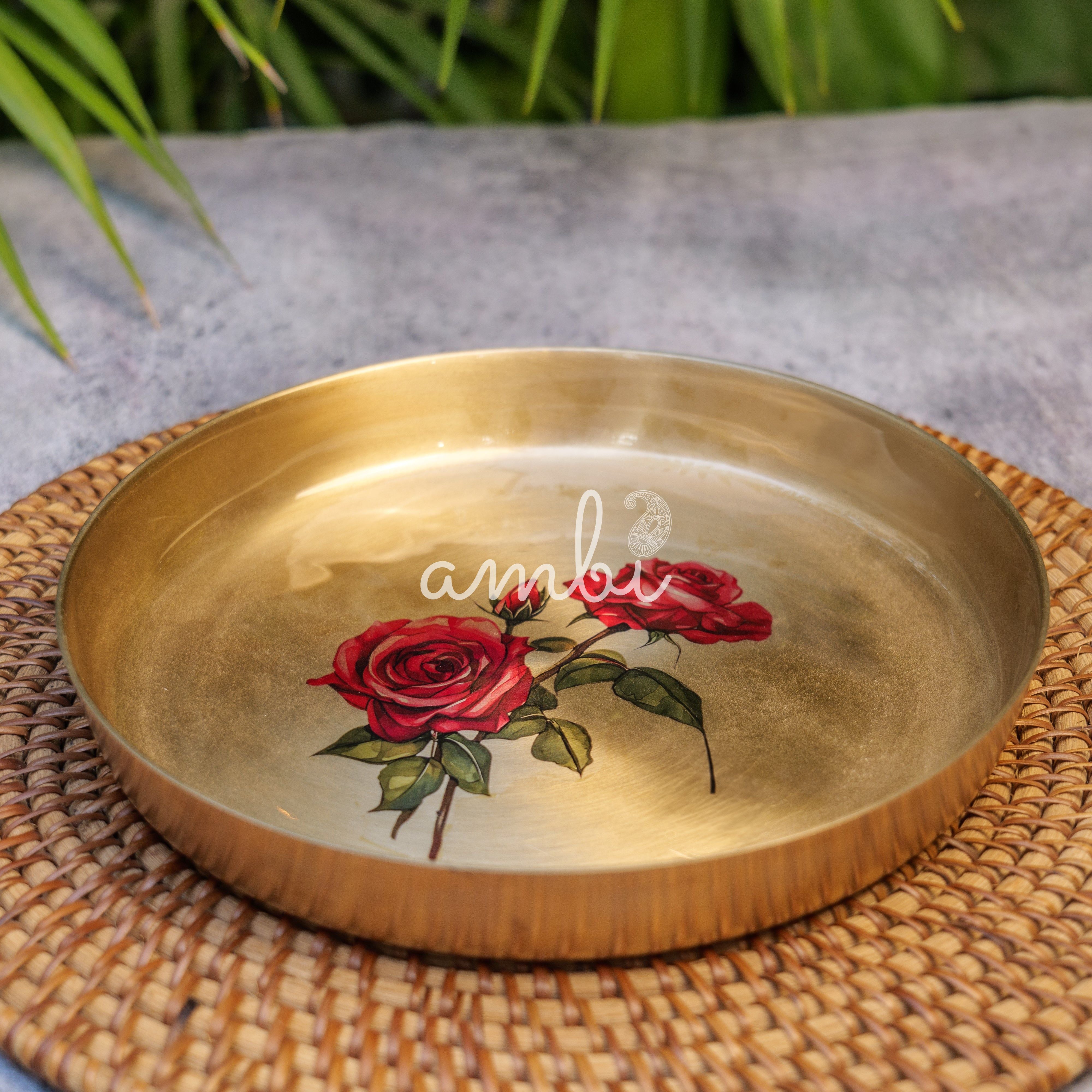 Lead Free 100% Pure Kansa Floral Hand Painted Finish Plate - Rose Design - 8 Inch