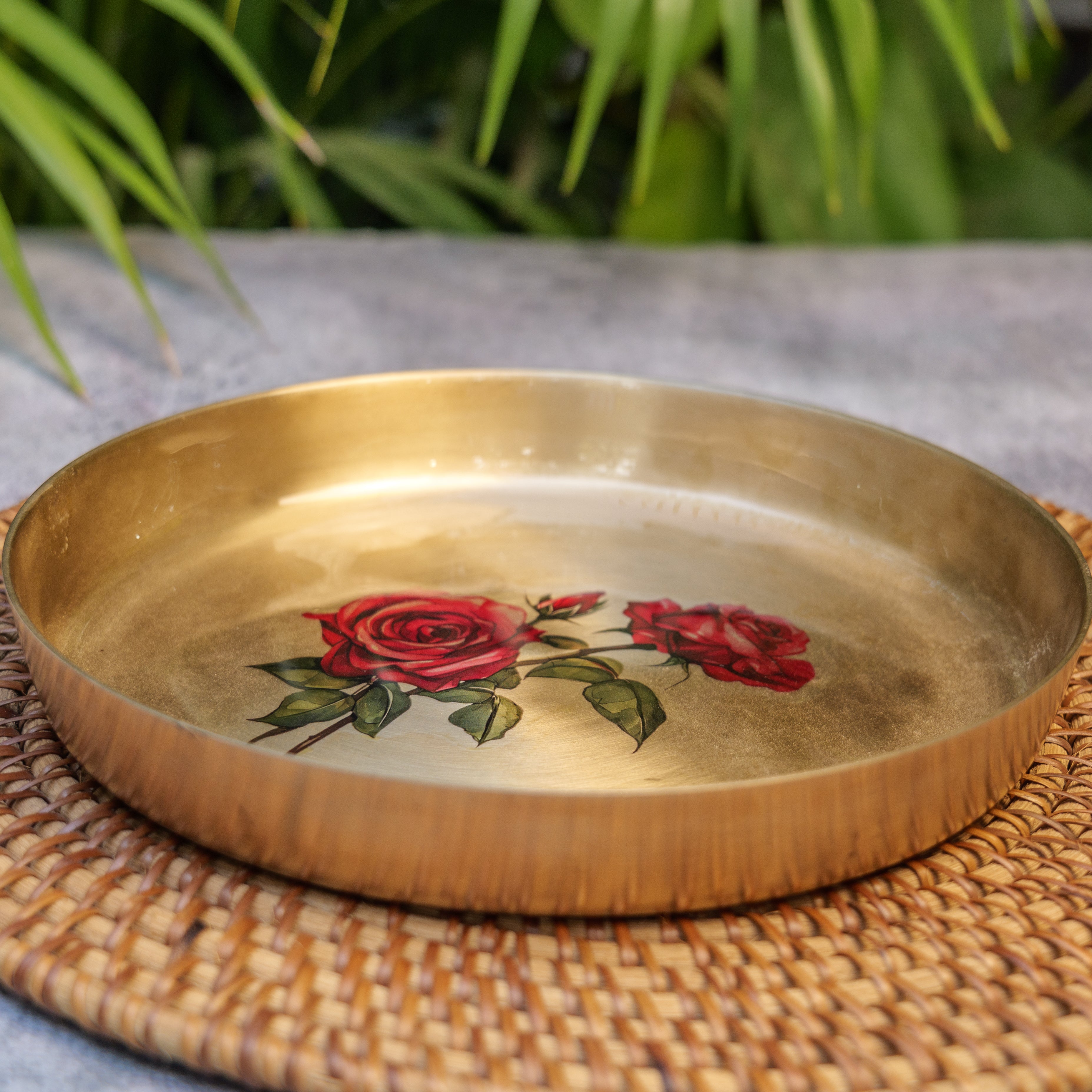 Lead Free 100% Pure Kansa Floral Hand Painted Finish Plate - Rose Design - 9 Inch