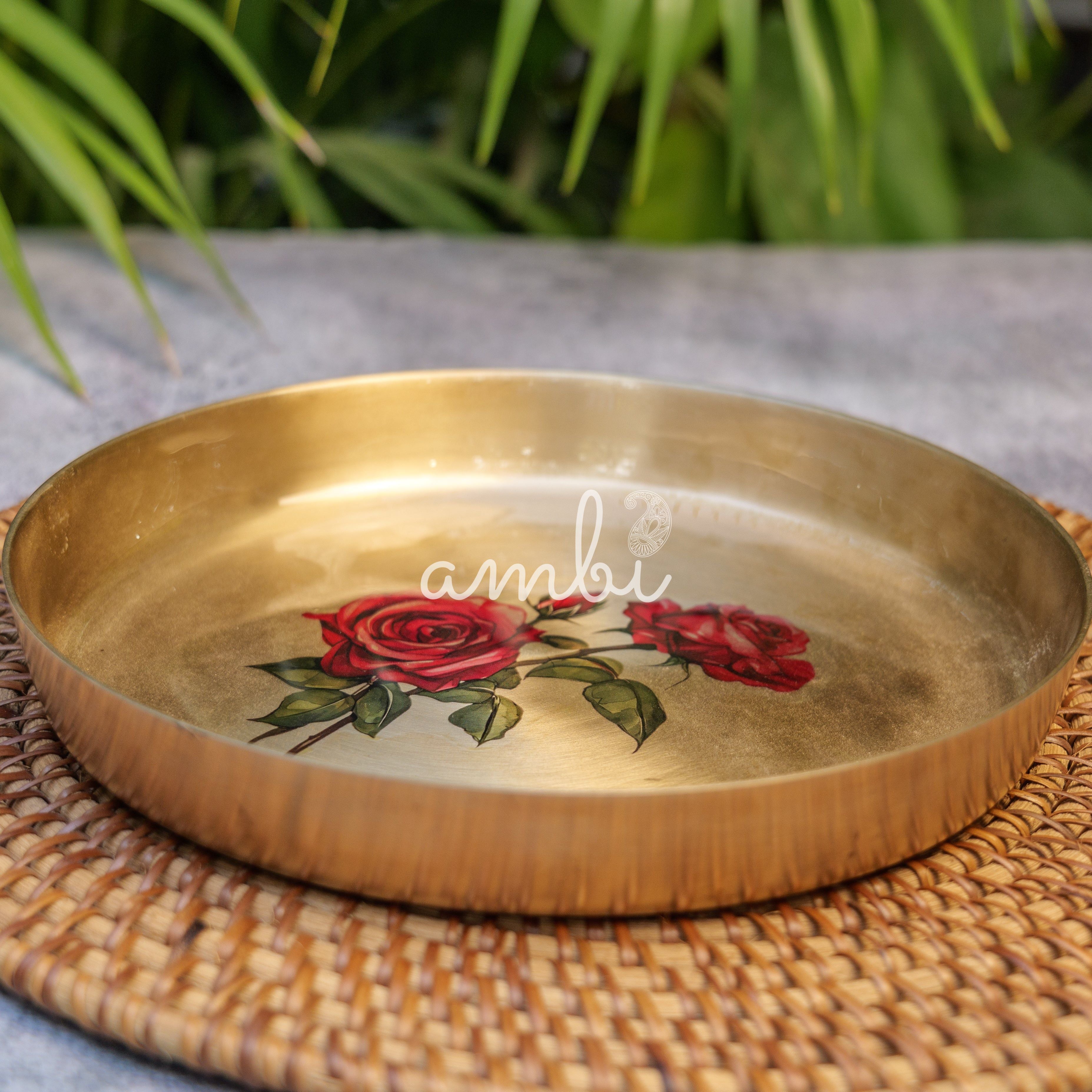 Lead Free 100% Pure Kansa Floral Hand Painted Finish Plate - Rose Design - 8 Inch