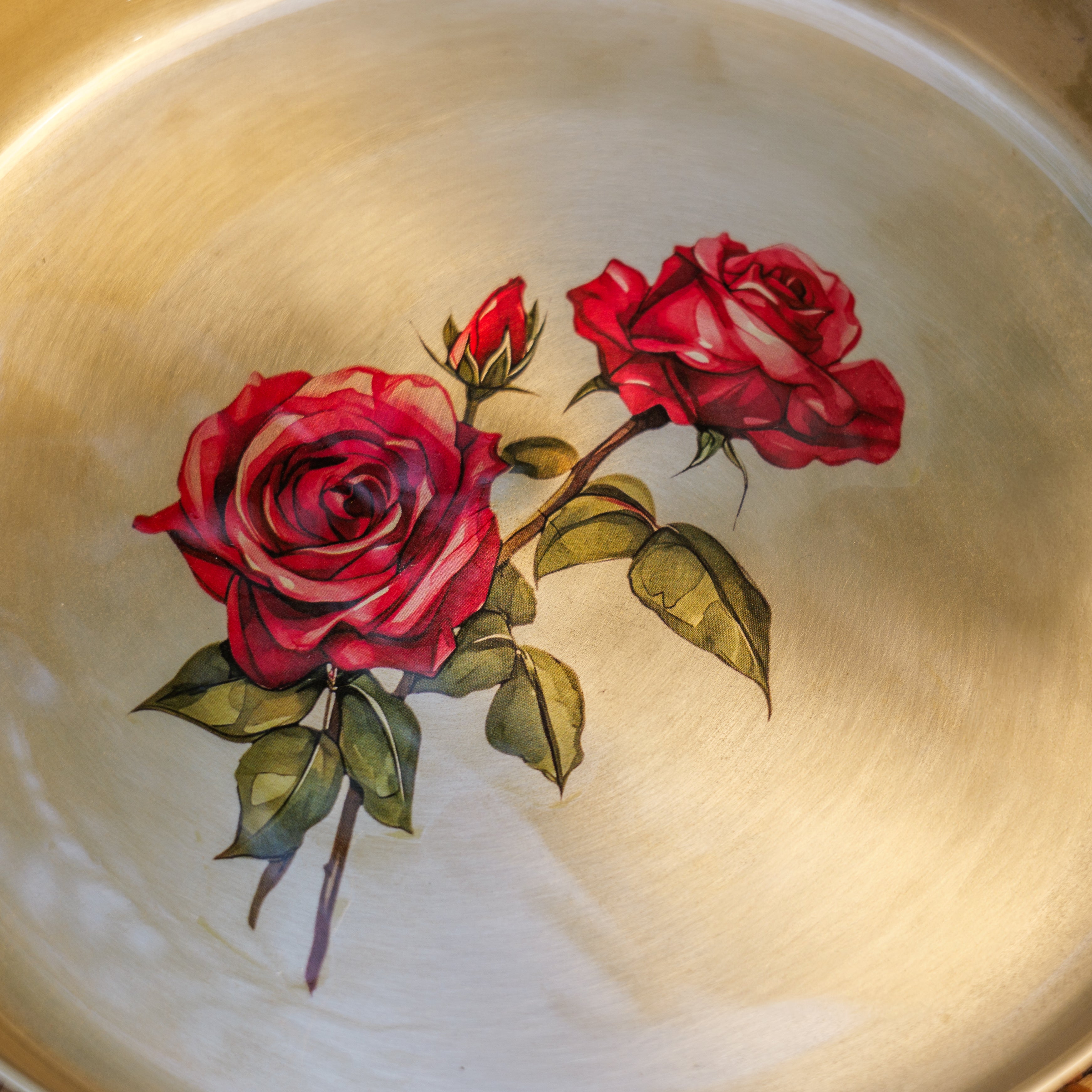 Lead Free 100% Pure Kansa Floral Hand Painted Finish Plate - Rose Design - 9 Inch