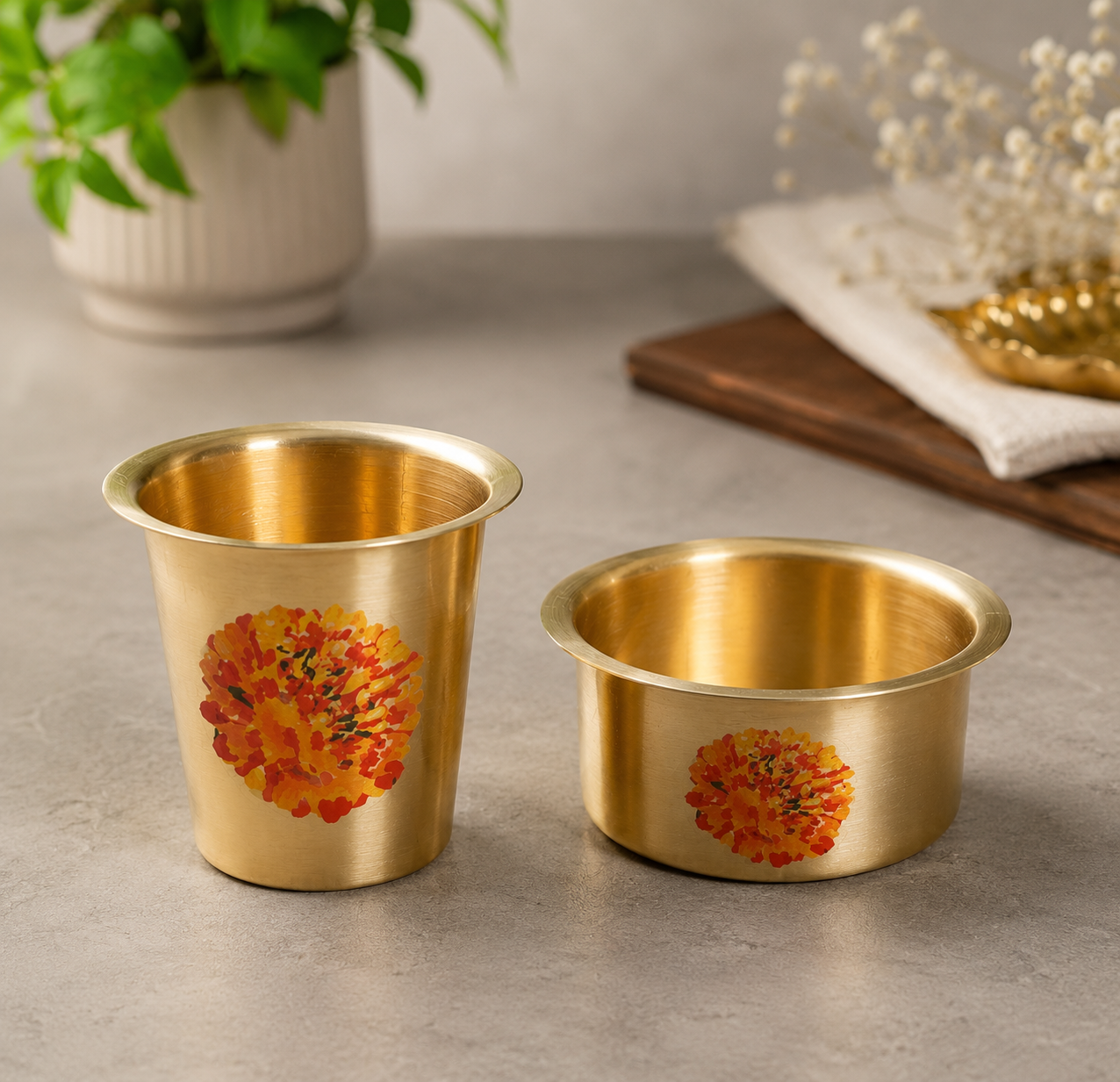 Ambi Pure Brass Marigold Hand-Painted South Indian Coffee Dabara Set