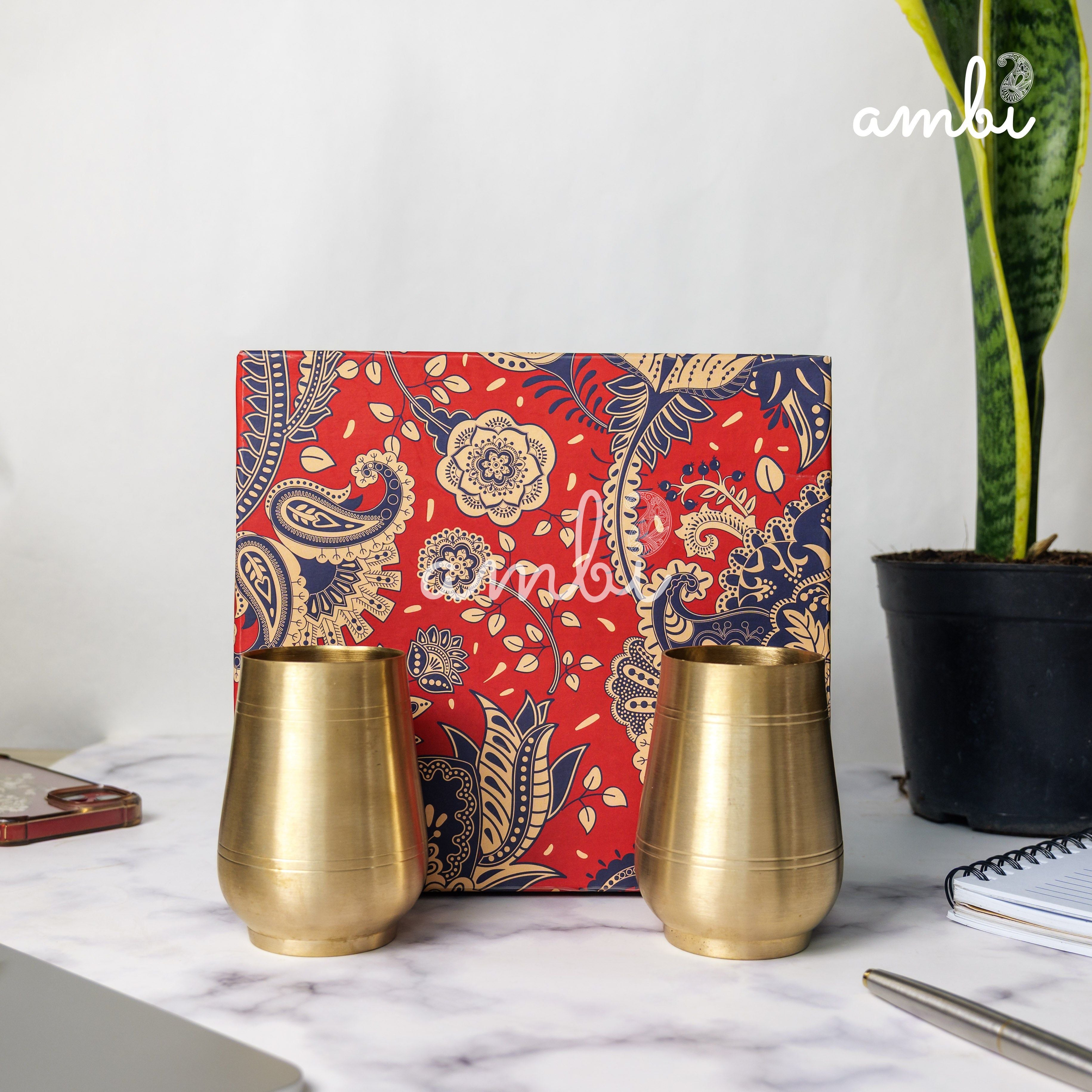 Ambi Gift Set of 2 Lead Free 100% Pure Kansa Heavy Damru Glass - 330 ml Each