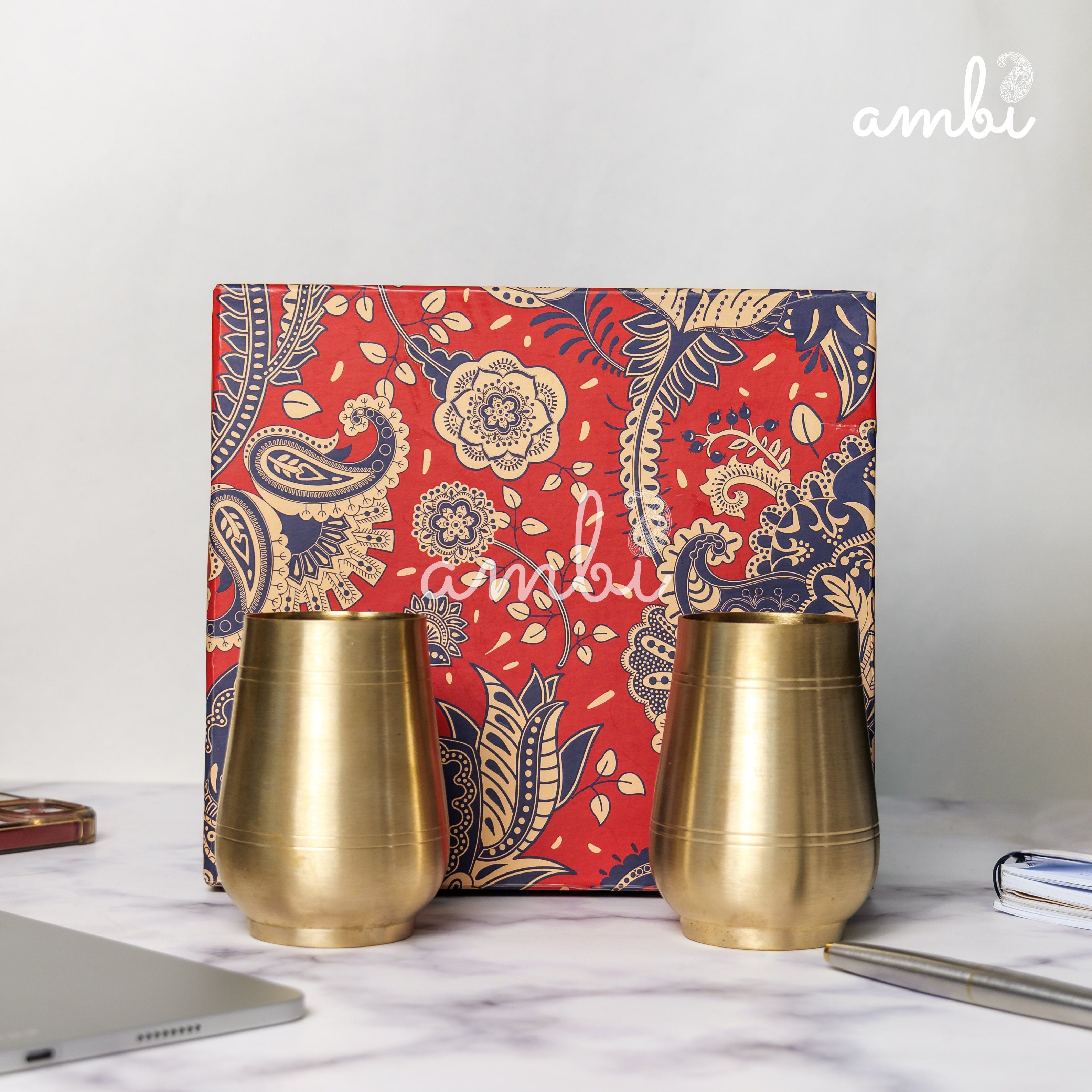 Ambi Gift Set of 2 Lead Free 100% Pure Kansa Heavy Damru Glass - 330 ml Each