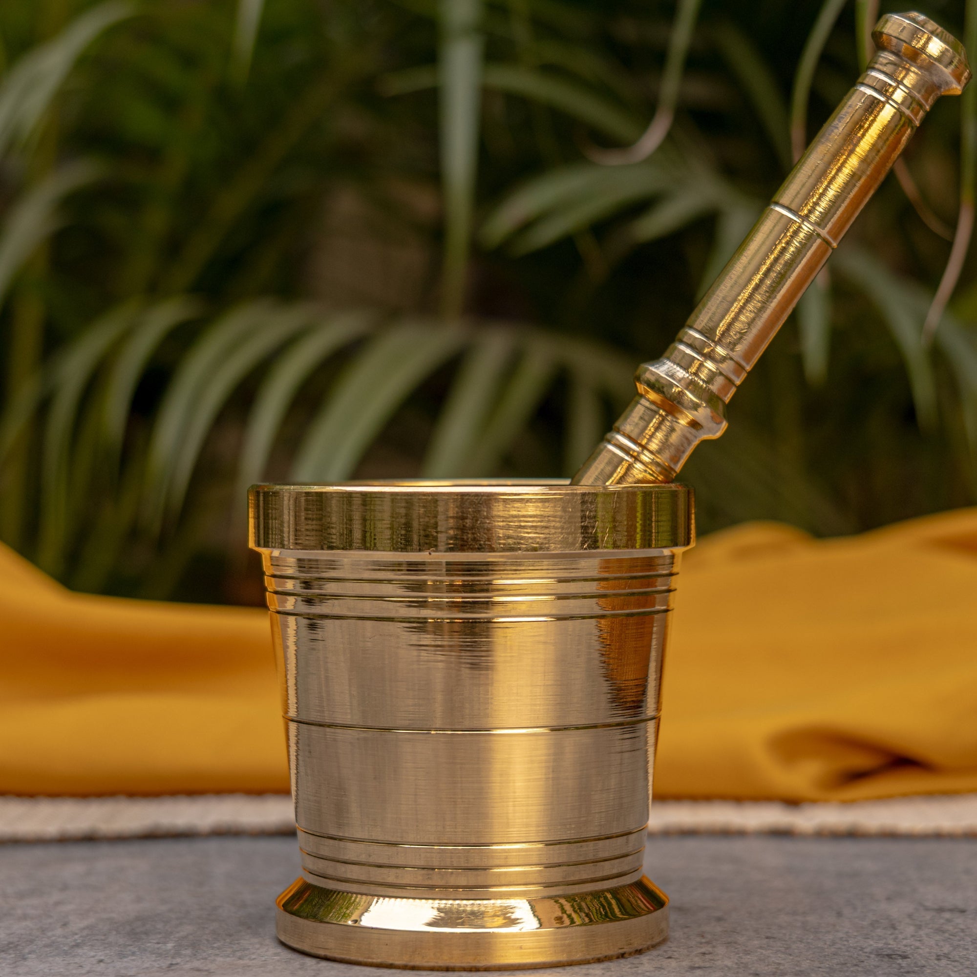 Brass mortar and pestle on a textured surface with a plant in the background