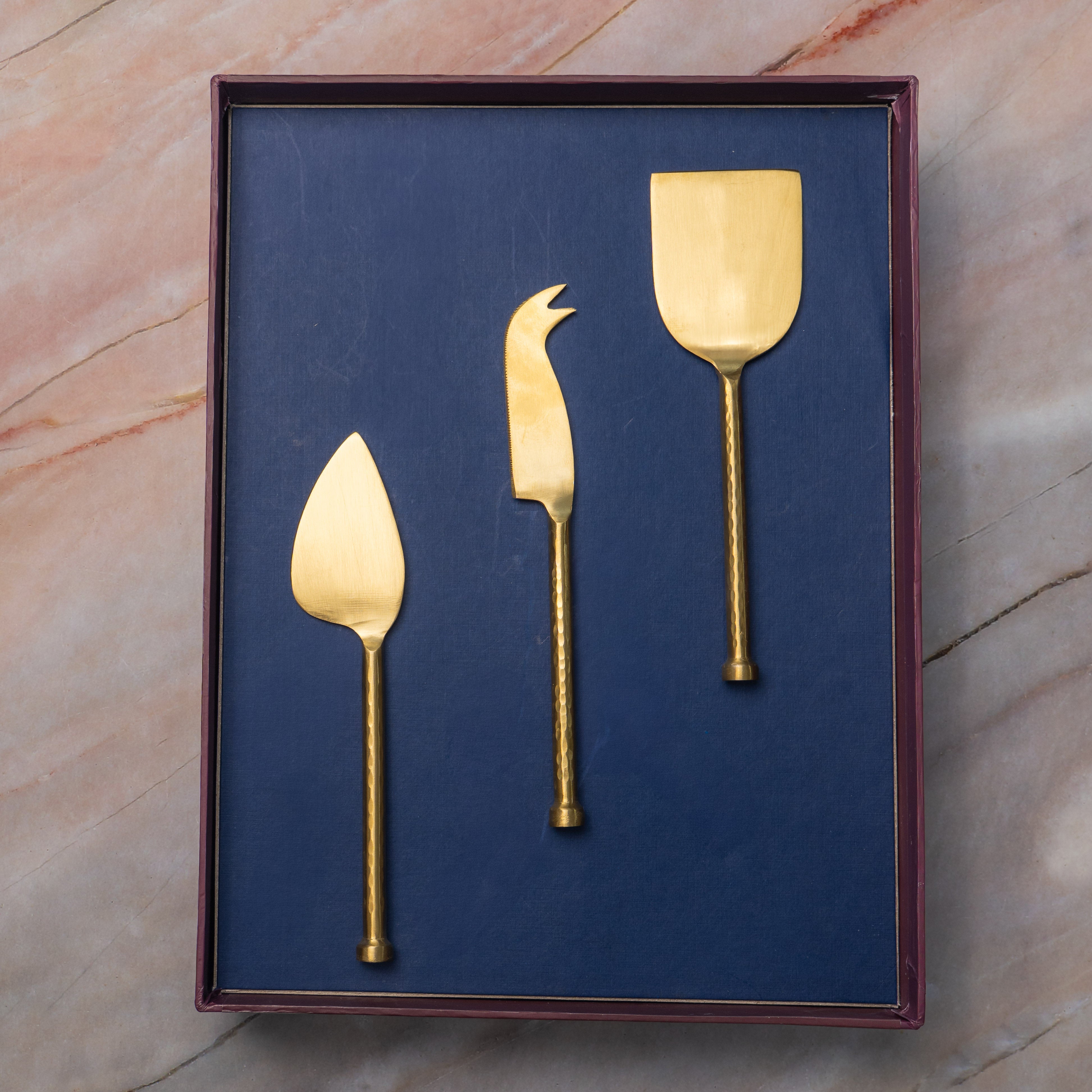 Exquisite Brass Cheese Knives Cutlery Set of 3 Gift Box