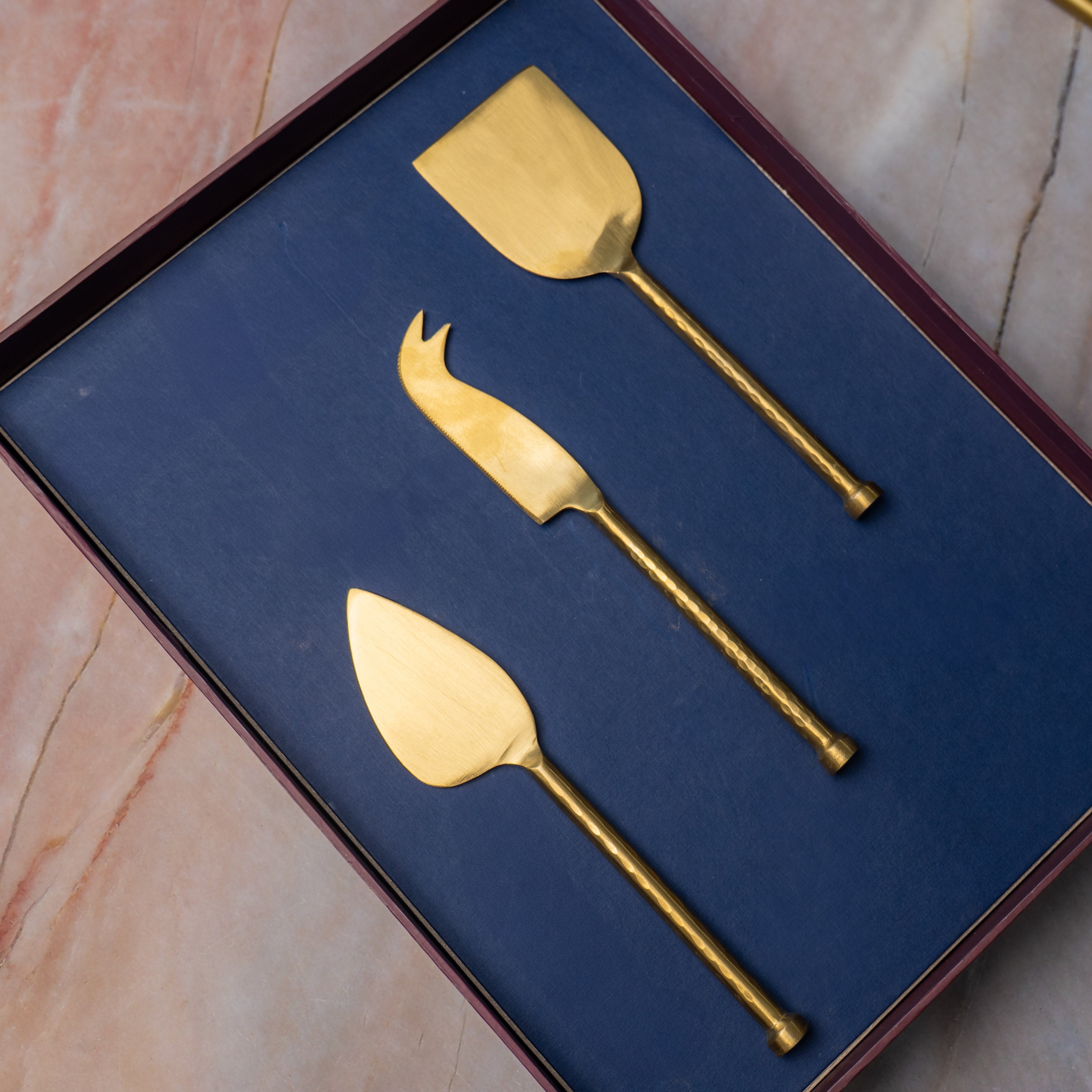 Exquisite Brass Cheese Knives Cutlery Set of 3 Gift Box