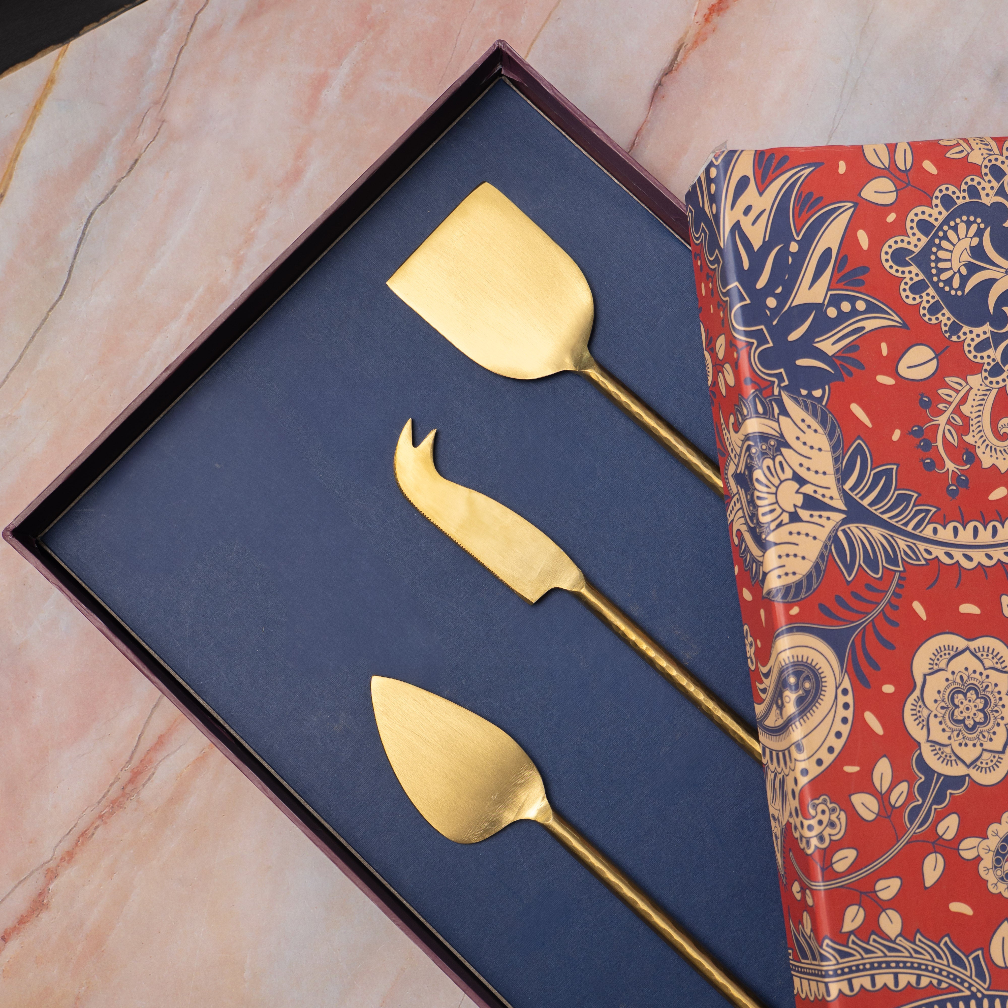 Exquisite Brass Cheese Knives Cutlery Set of 3 Gift Box