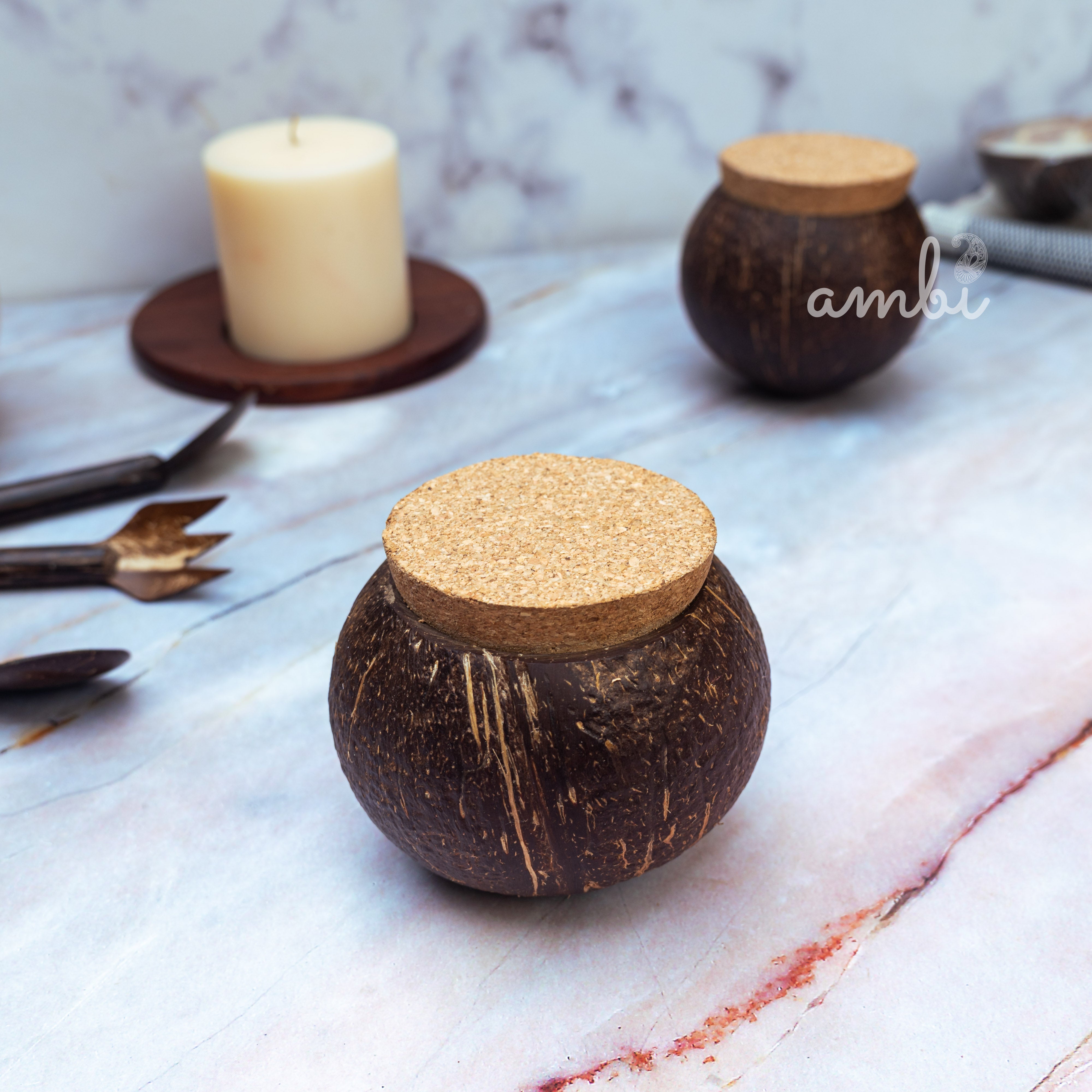 Coconut Shell Airtight Storage Containers with Lid — Set of 2, Eco-Friendly