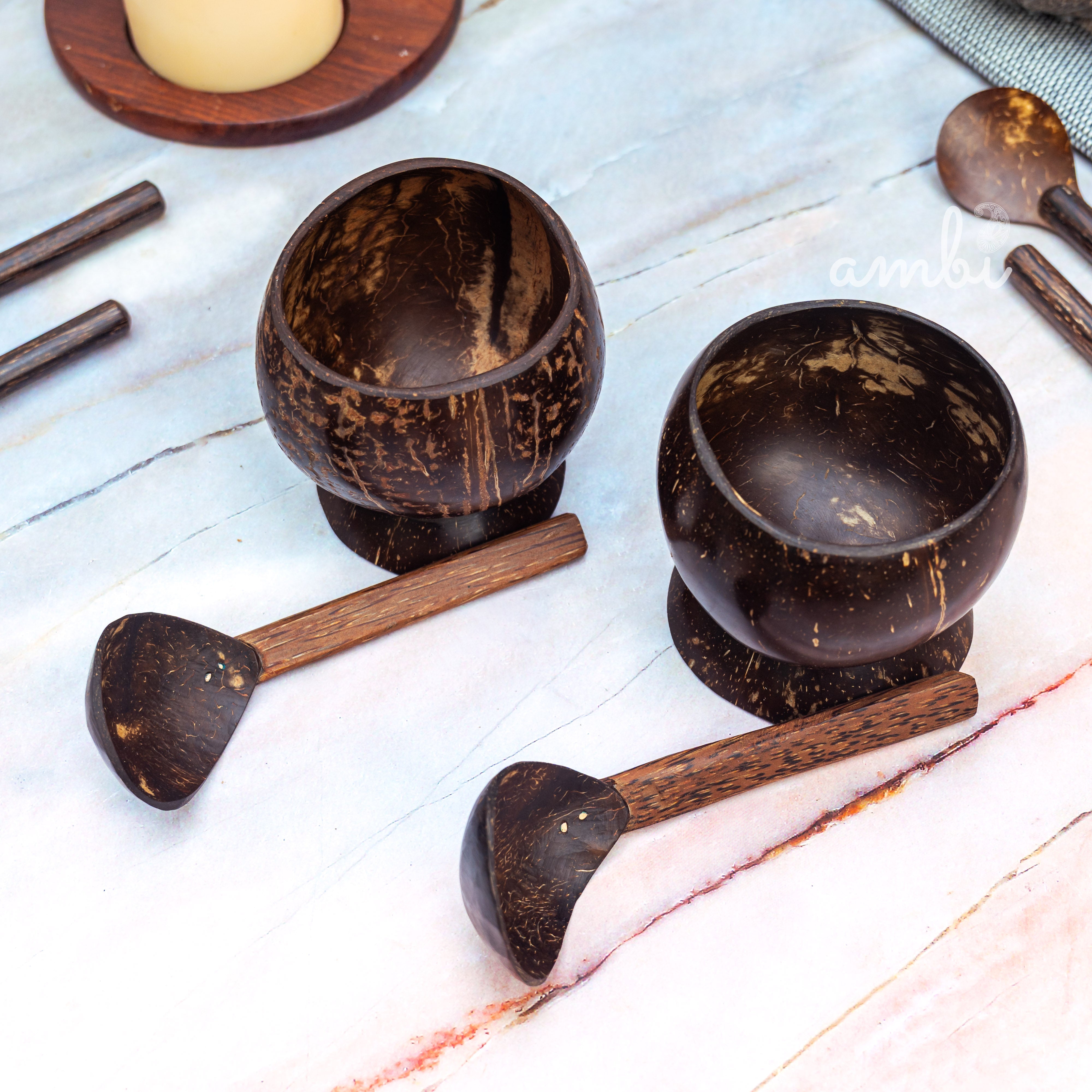 Coconut Shell Soup Bowls with Spoons — Set of 2, Handcrafted Eco-Friendly