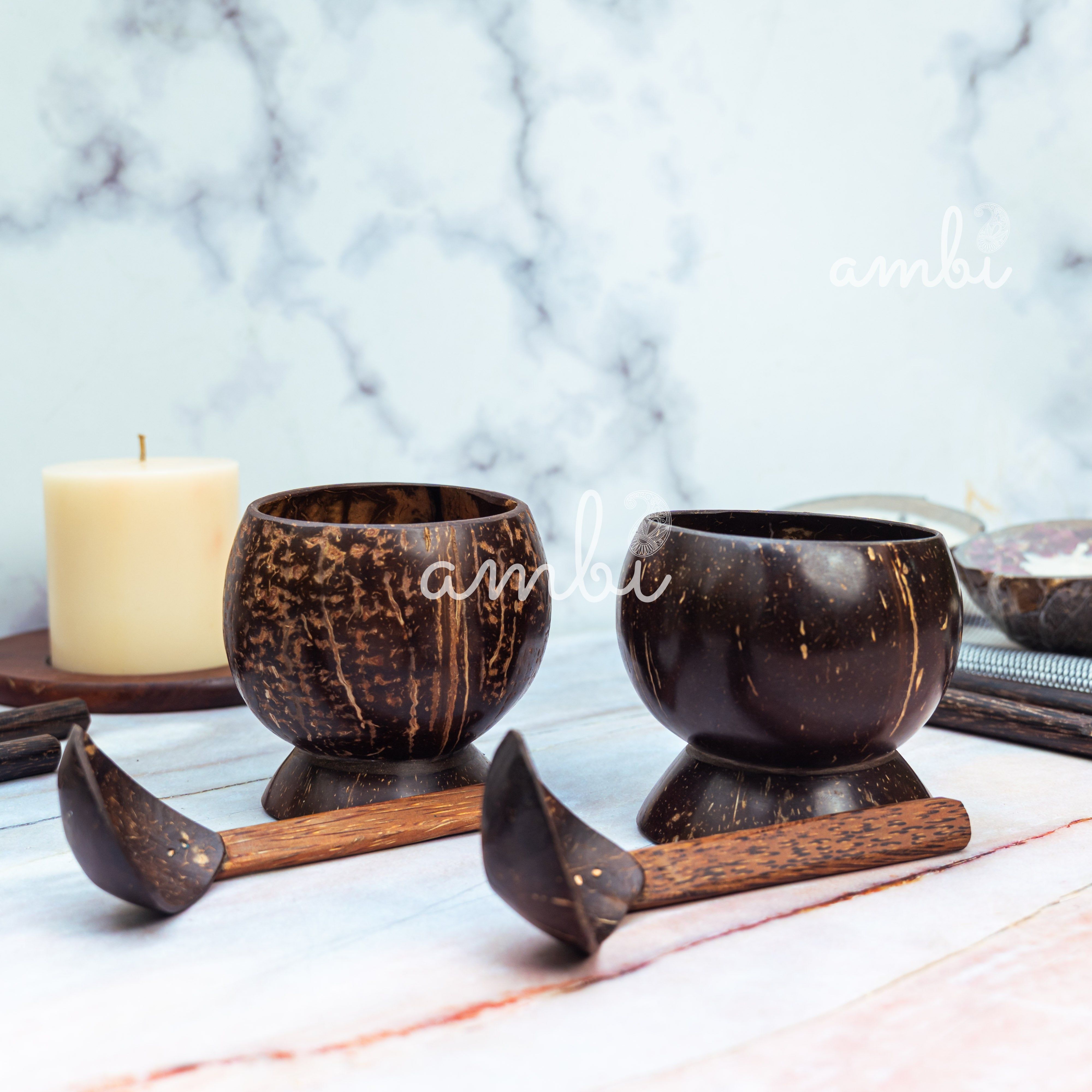 Coconut Shell Soup Bowls with Spoons — Set of 2, Handcrafted Eco-Friendly