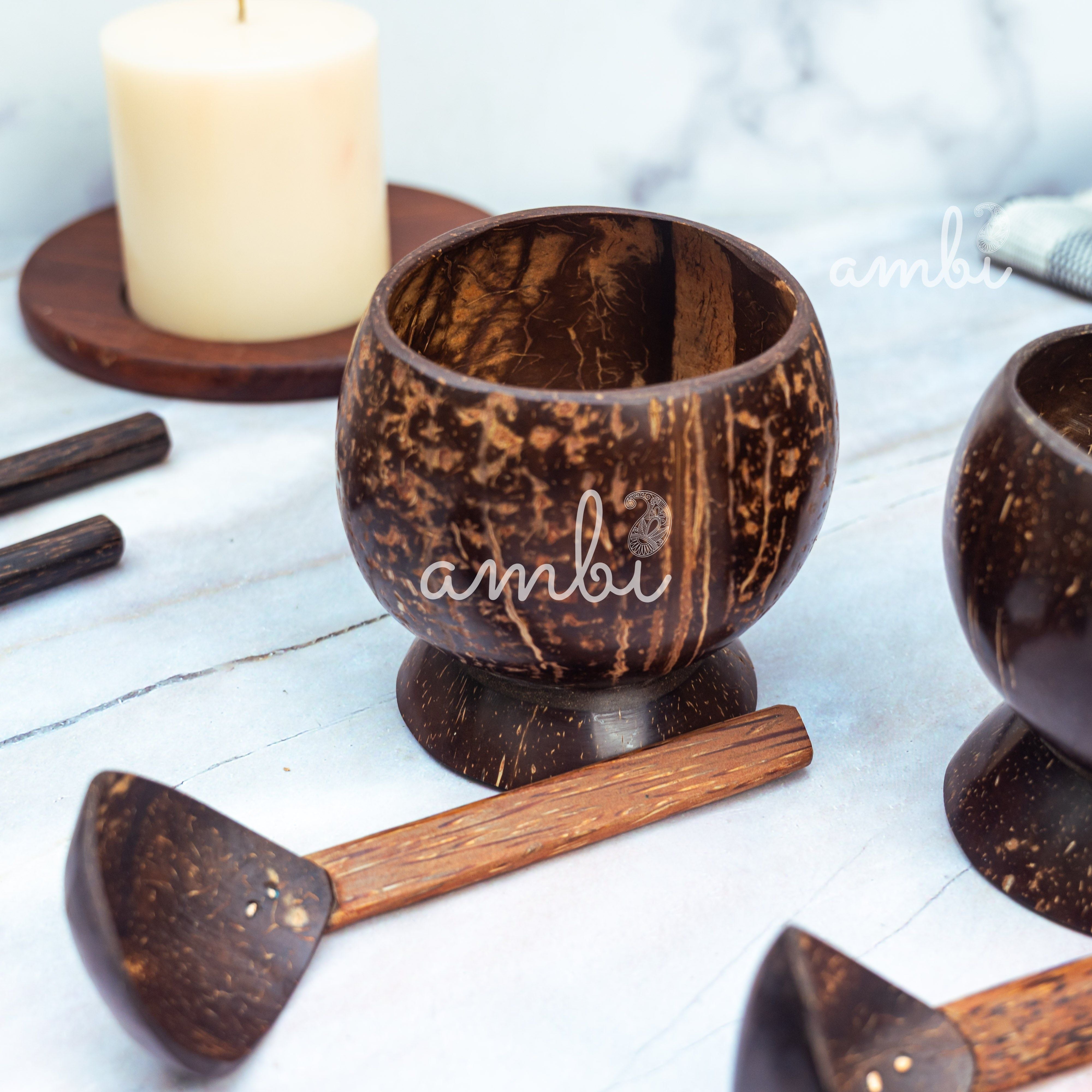 Coconut Shell Soup Bowls with Spoons — Set of 2, Handcrafted Eco-Friendly